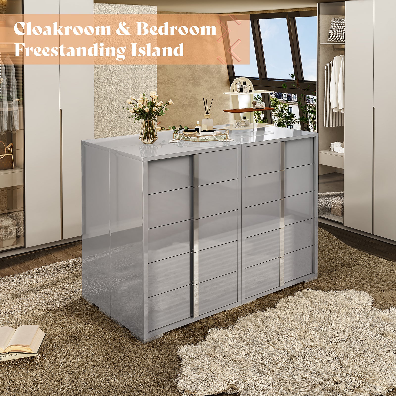 Amerlife Lena 5-Drawers Dresser 50.2" H Glossy Surface Chest Large Storage Organizer Grey Amerlife Lena 5-Drawers Dresser 50.2" H Glossy Surface Chest Large Storage Organizer Grey
