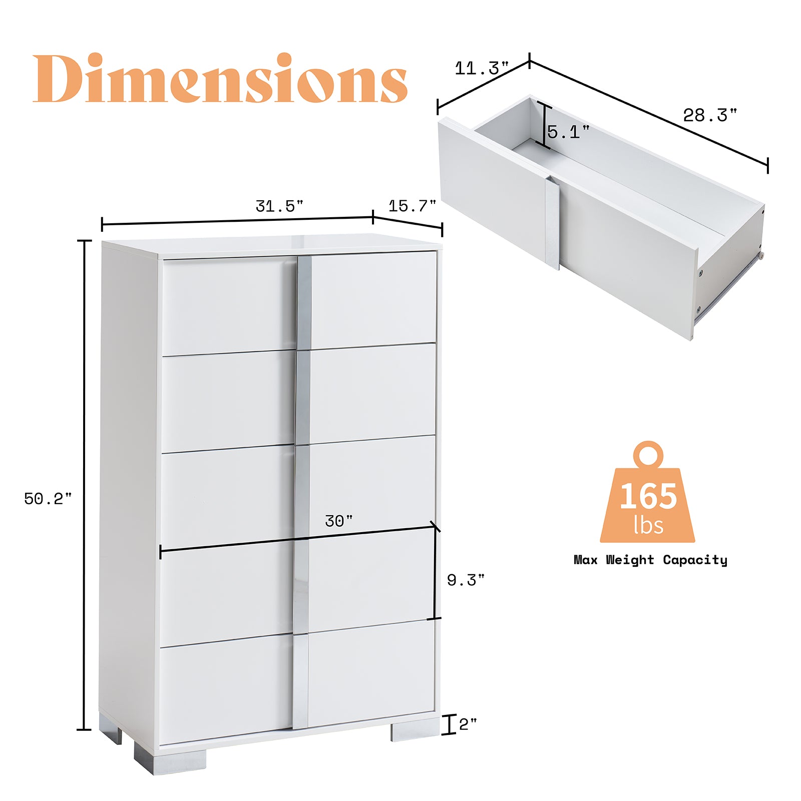Amerlife Lena 5-Drawers Dresser 50.2" H Glossy Surface Chest Large Storage Organizer White Amerlife Lena 5-Drawers Dresser 50.2" H Glossy Surface Chest Large Storage Organizer White
