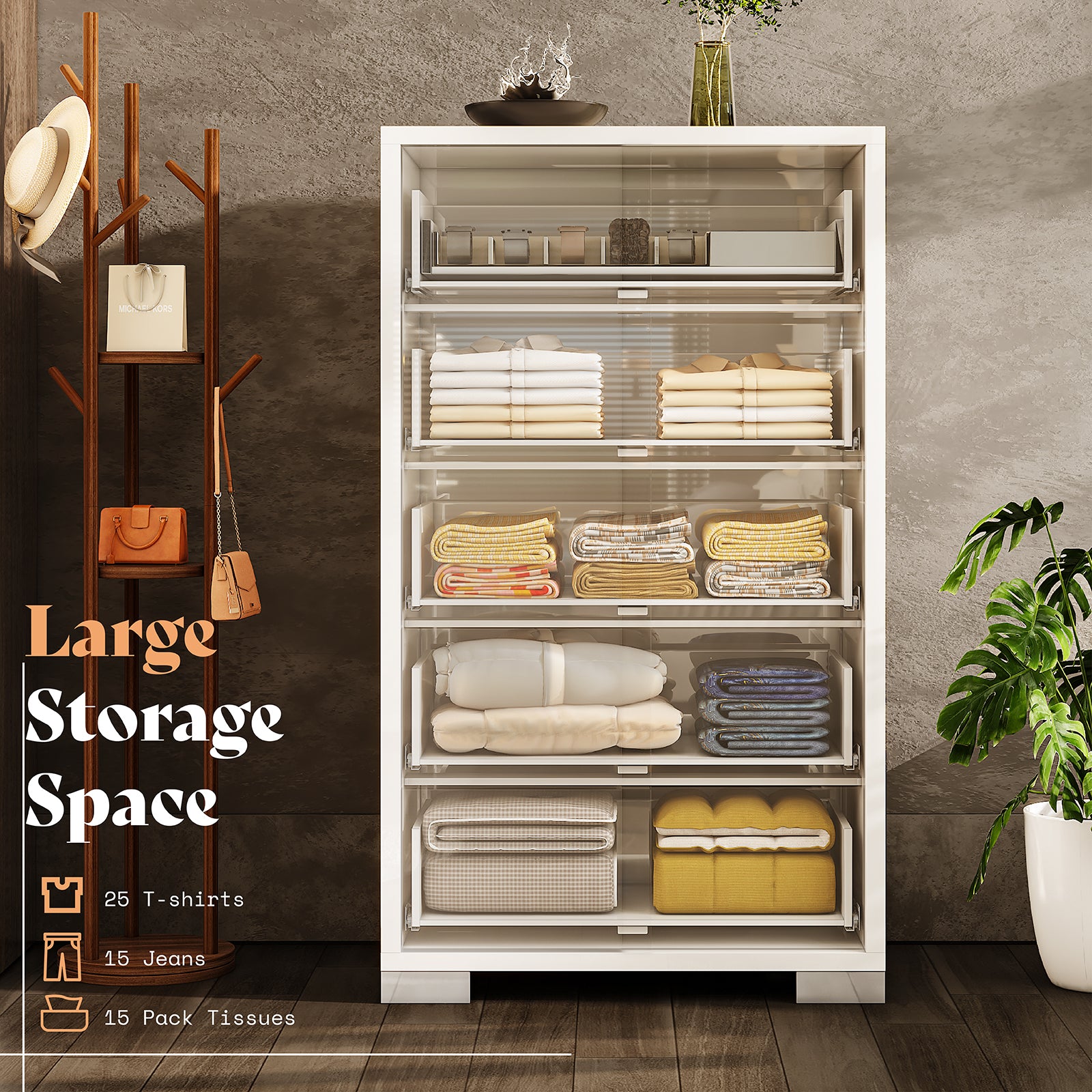 Amerlife Lena 5-Drawers Dresser 50.2" H Glossy Surface Chest Large Storage Organizer White Amerlife Lena 5-Drawers Dresser 50.2" H Glossy Surface Chest Large Storage Organizer White