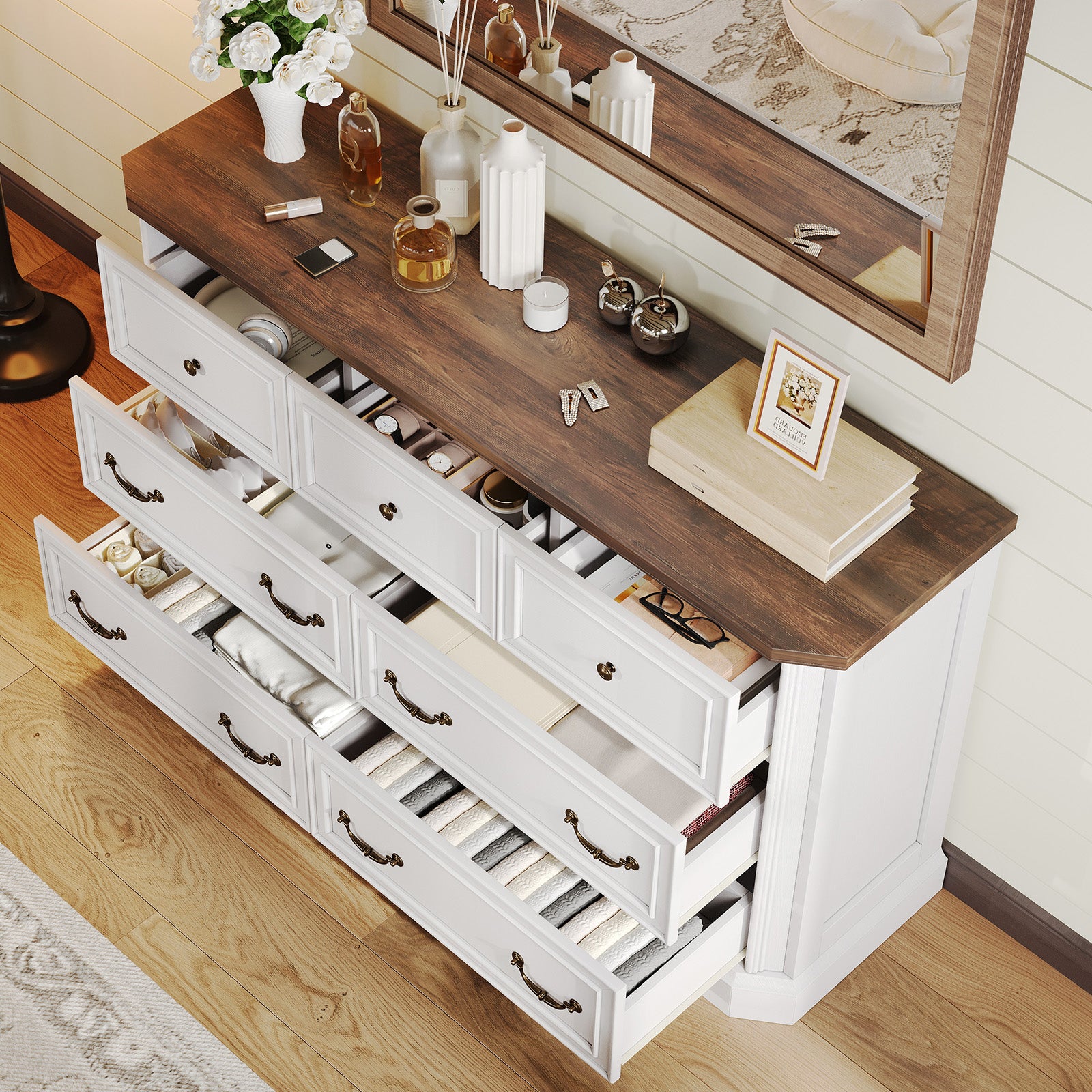 white dresser 7 drawer Amerlife Somer 7-Drawers Dresser Bevel Shape Storage Cabinet Bedroom Dresser Grey Walnut