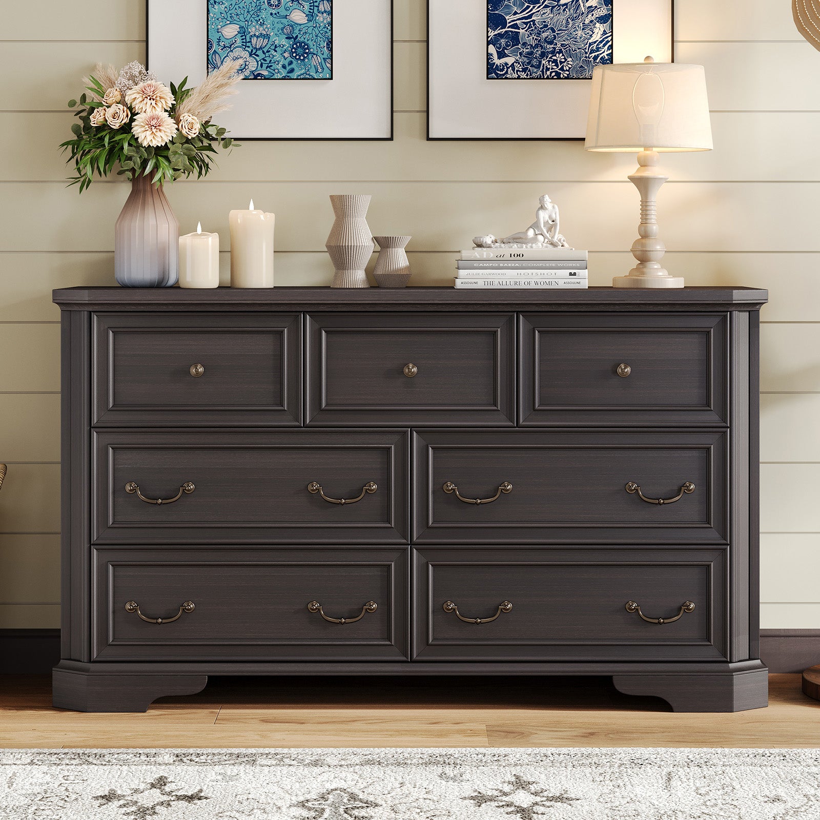 Amerlife Somer 7-Drawers Dresser Bevel Shape Storage Cabinet Bedroom Dresser Grey Walnut Amerlife Somer 7-Drawers Dresser Bevel Shape Storage Cabinet Bedroom Dresser Grey Walnut
