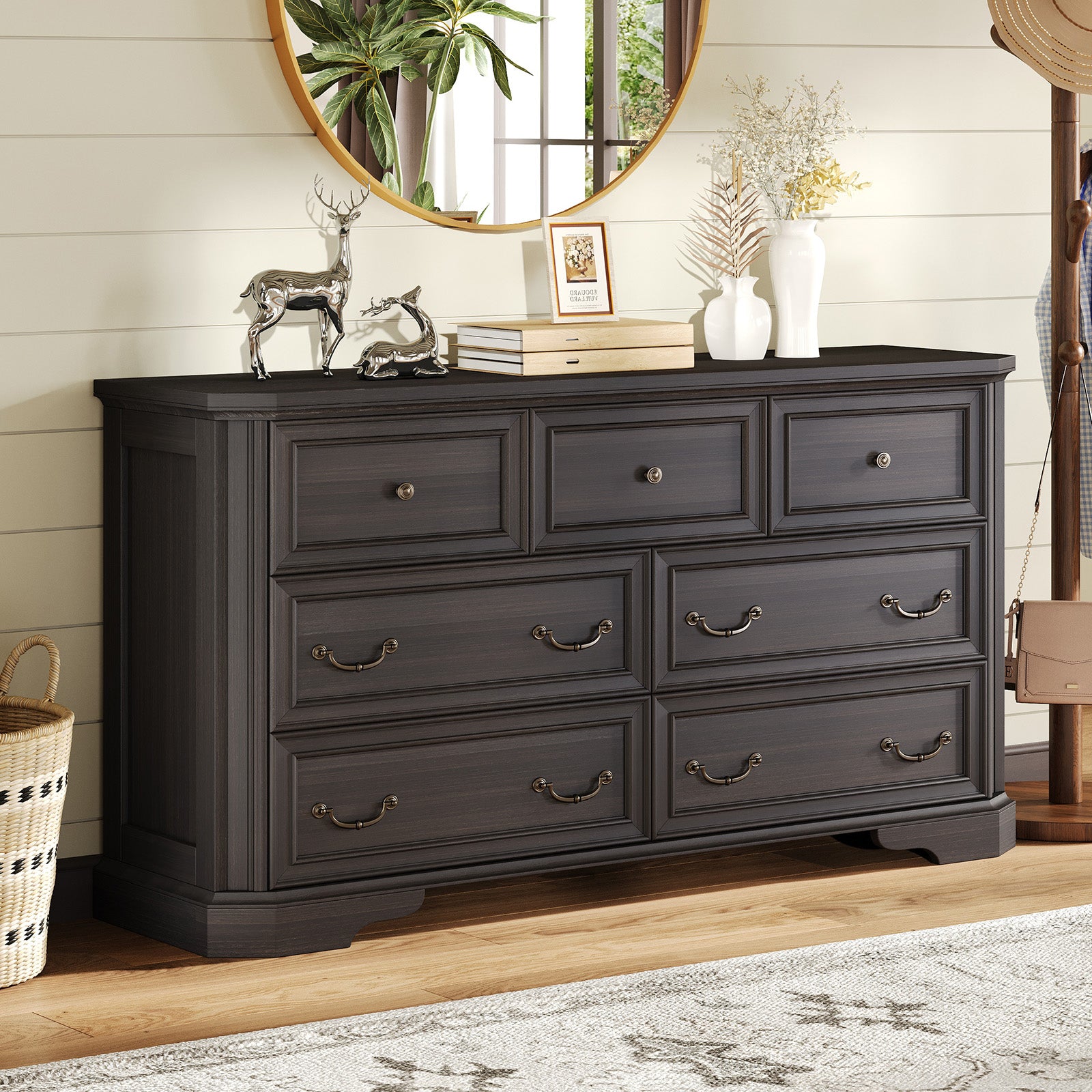 Amerlife Somer 7-Drawers Dresser Bevel Shape Storage Cabinet Bedroom Dresser Grey Walnut Amerlife Somer 7-Drawers Dresser Bevel Shape Storage Cabinet Bedroom Dresser Grey Walnut