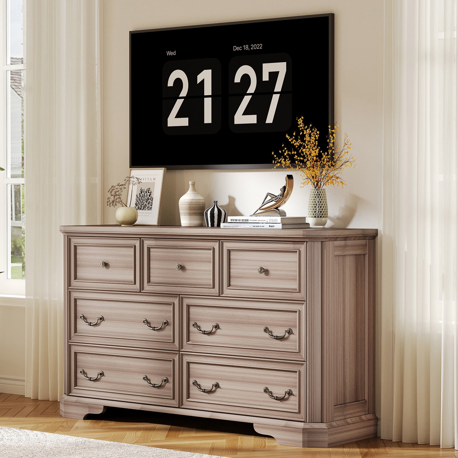 Amerlife Somer 7-Drawers Dresser Bevel Shape Storage Cabinet Bedroom Dresser Grey Walnut Amerlife Somer 7-Drawers Dresser Bevel Shape Storage Cabinet Bedroom Dresser Grey Walnut