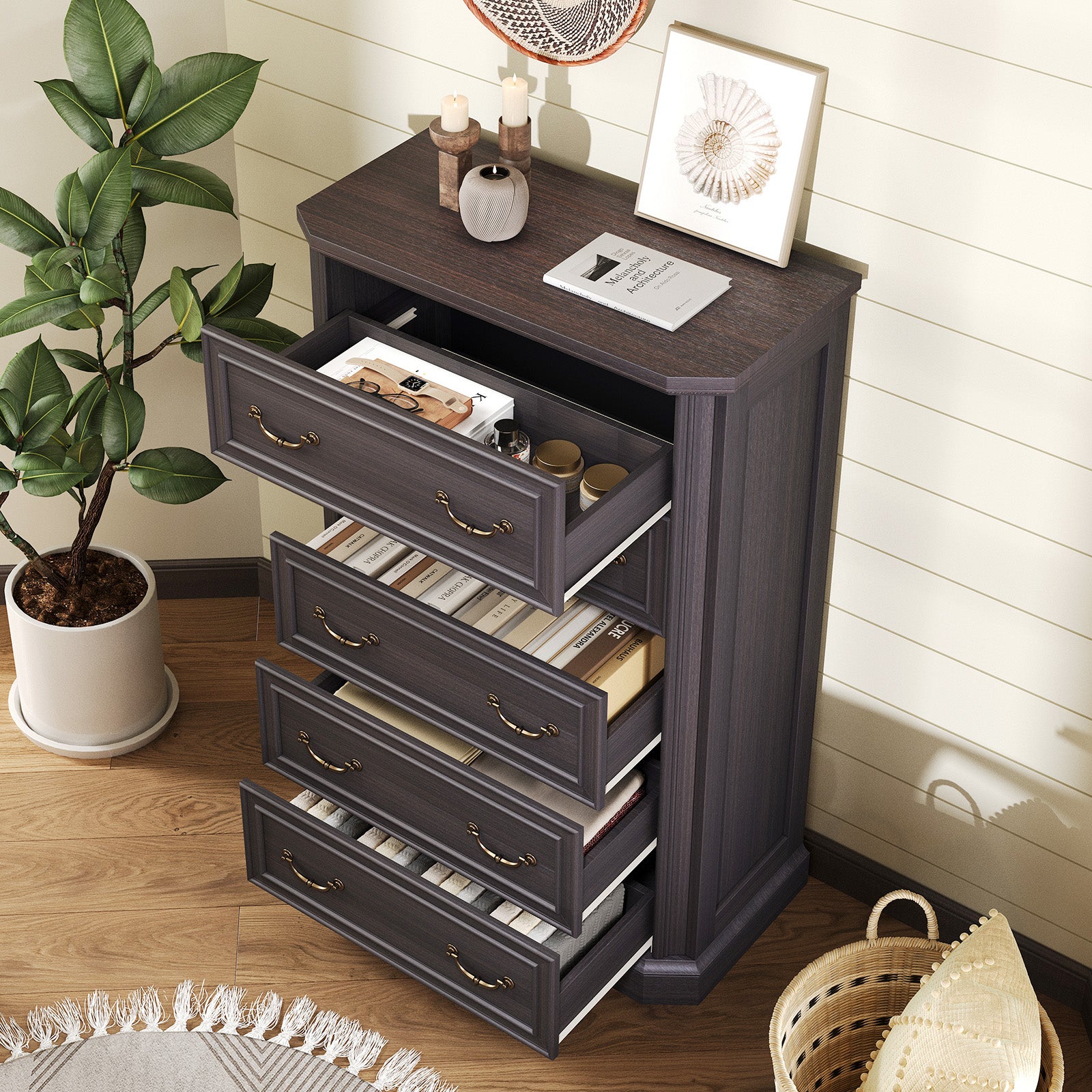 Amerlife Somer 5-Drawers Dresser Bevel Shape Storage Cabinet Wooden Bedroom Dresser Grey Walnut Amerlife Somer 5-Drawers Dresser Bevel Shape Storage Cabinet Wooden Bedroom Dresser Grey Walnut