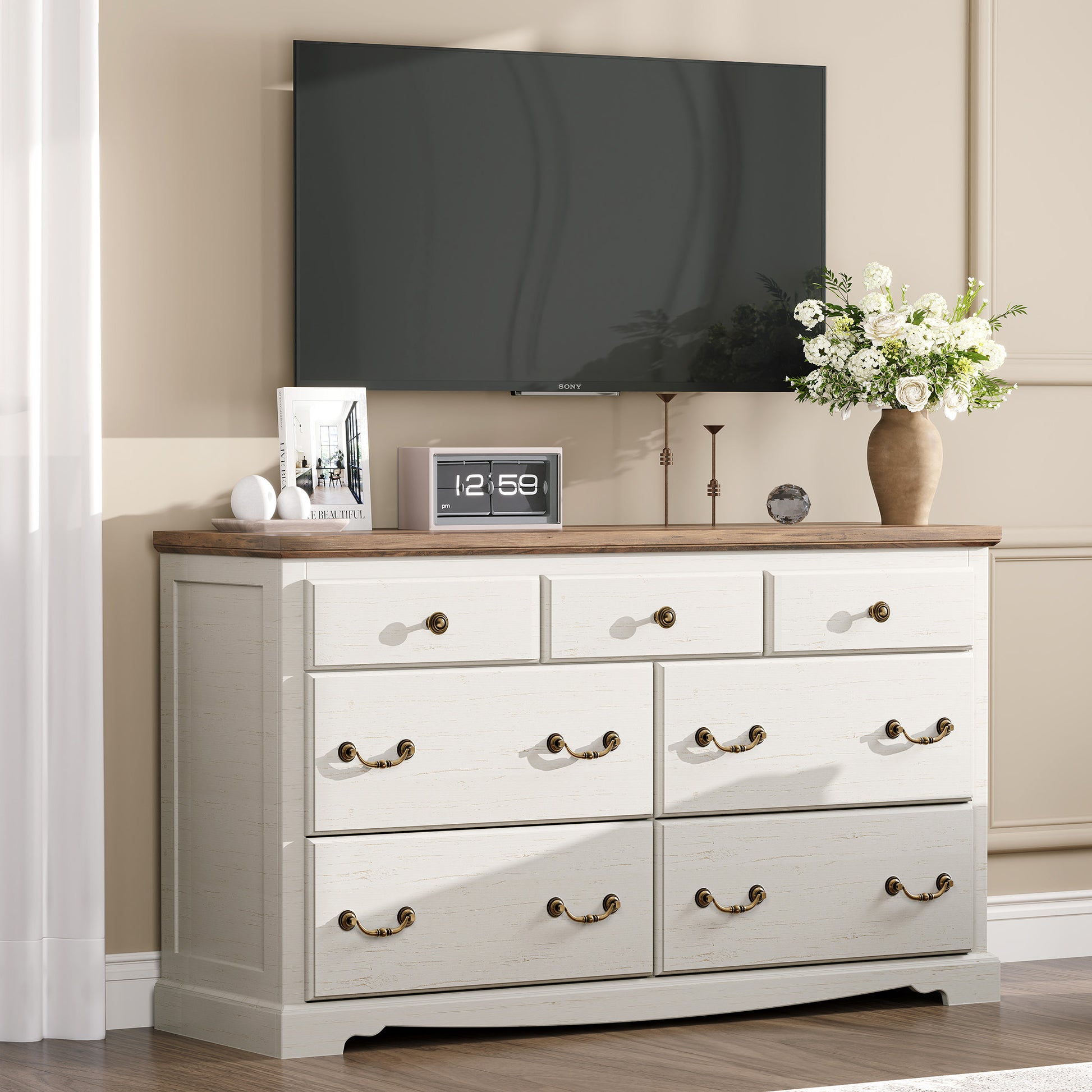 Amerlife Erebus 7-Drawers Dresser 54" Wide Wood Dresser with Bronze Retro Handles Amerlife Erebus 7-Drawers Dresser 54" Wide Wood Dresser with Bronze Retro Handles
