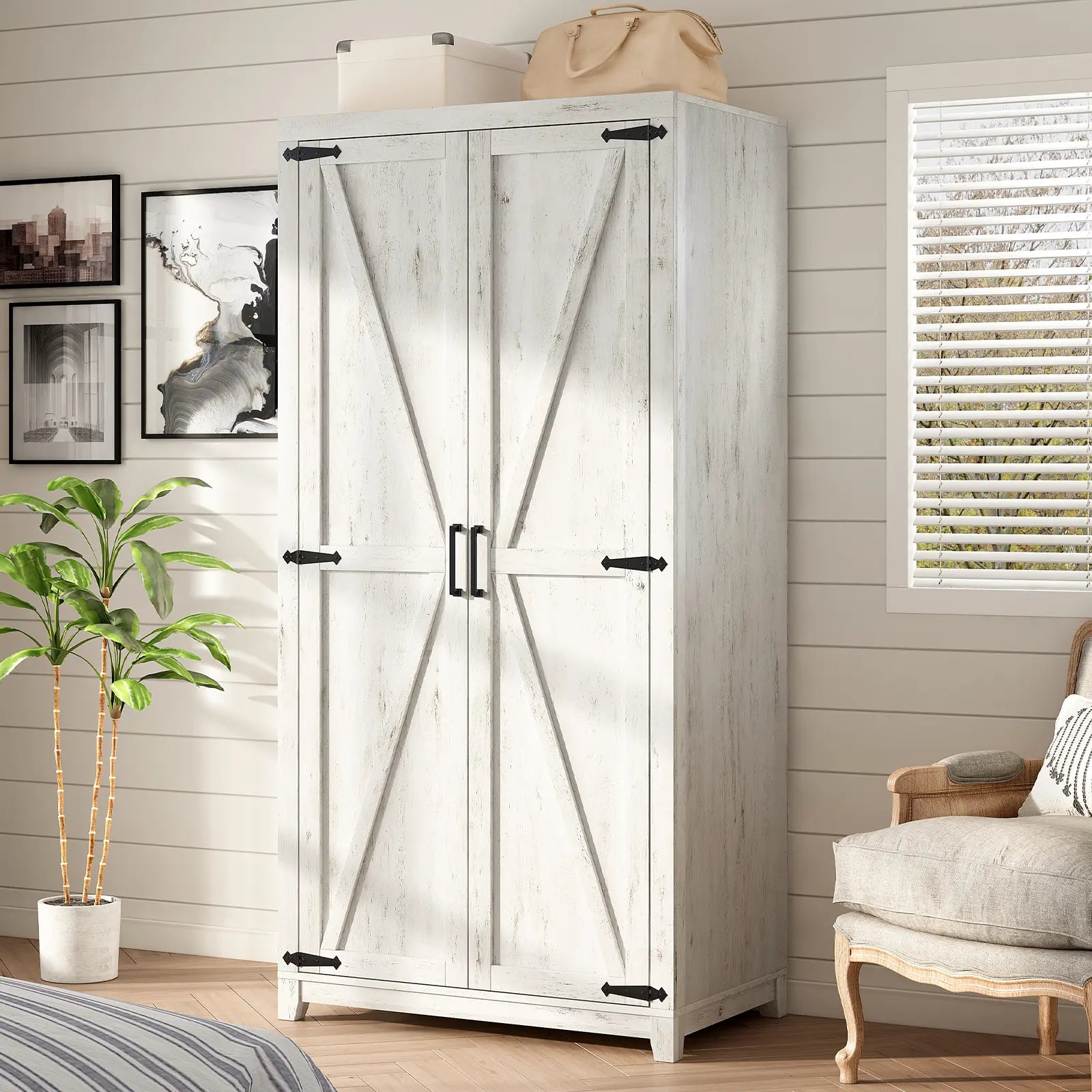 Farmhouse Armoire Wardrobe Closet with 2 Barn Doors, 71'' Storage Cabinet with Shelf & Hanging Rod, Versatile Clothing Storage for Bedroom 1 PC / Farmhouse Armoire Wardrobe Closet with 2 Barn Doors, 71'' Storage Cabinet with Shelf & Hanging Rod, Versatile Clothing Storage for Bedroom 1 PC /