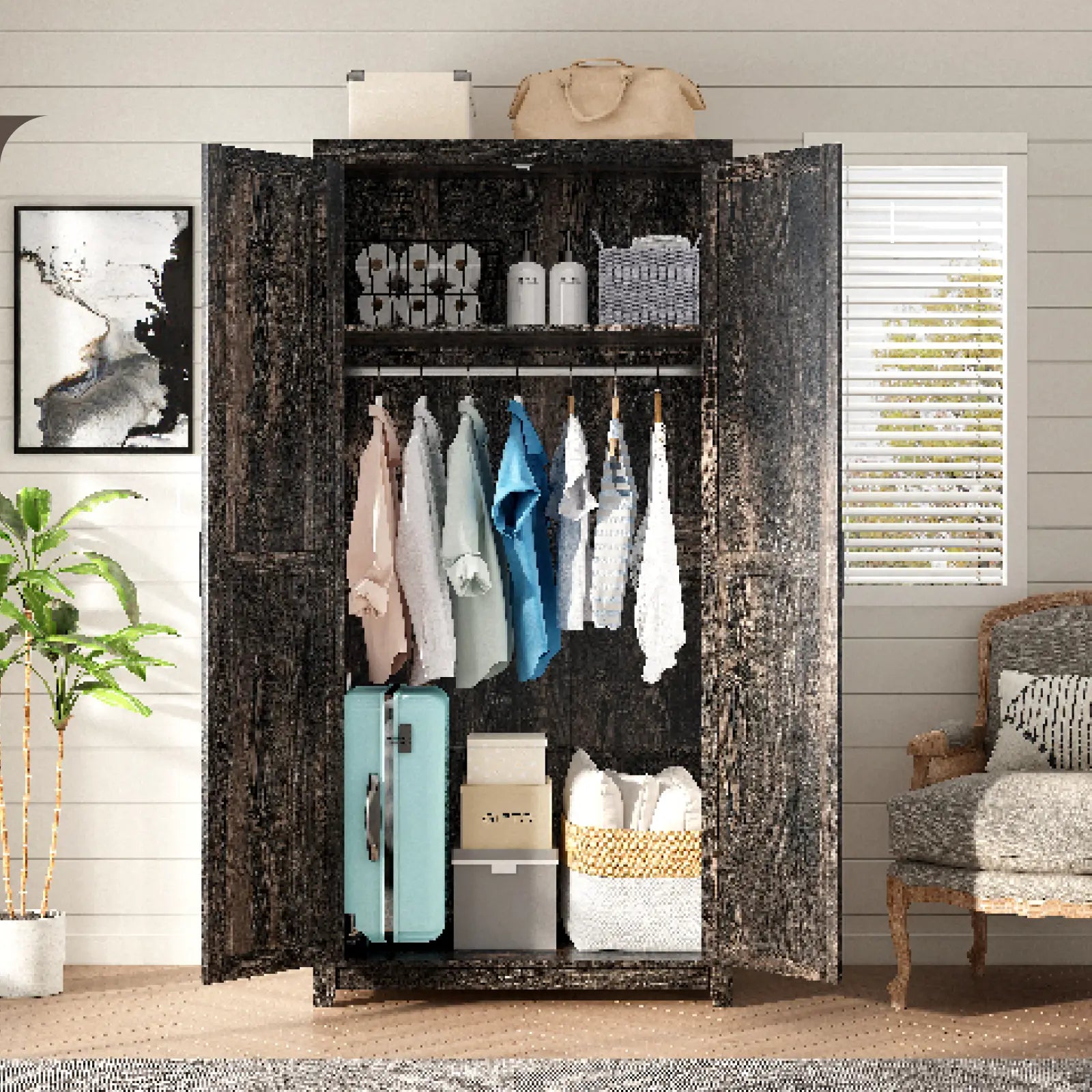 Farmhouse Armoire Wardrobe Closet with 2 Barn Doors, 71'' Storage Cabinet with Shelf & Hanging Rod, Versatile Clothing Storage for Bedroom 1 PC / Farmhouse Armoire Wardrobe Closet with 2 Barn Doors, 71'' Storage Cabinet with Shelf & Hanging Rod, Versatile Clothing Storage for Bedroom 1 PC /