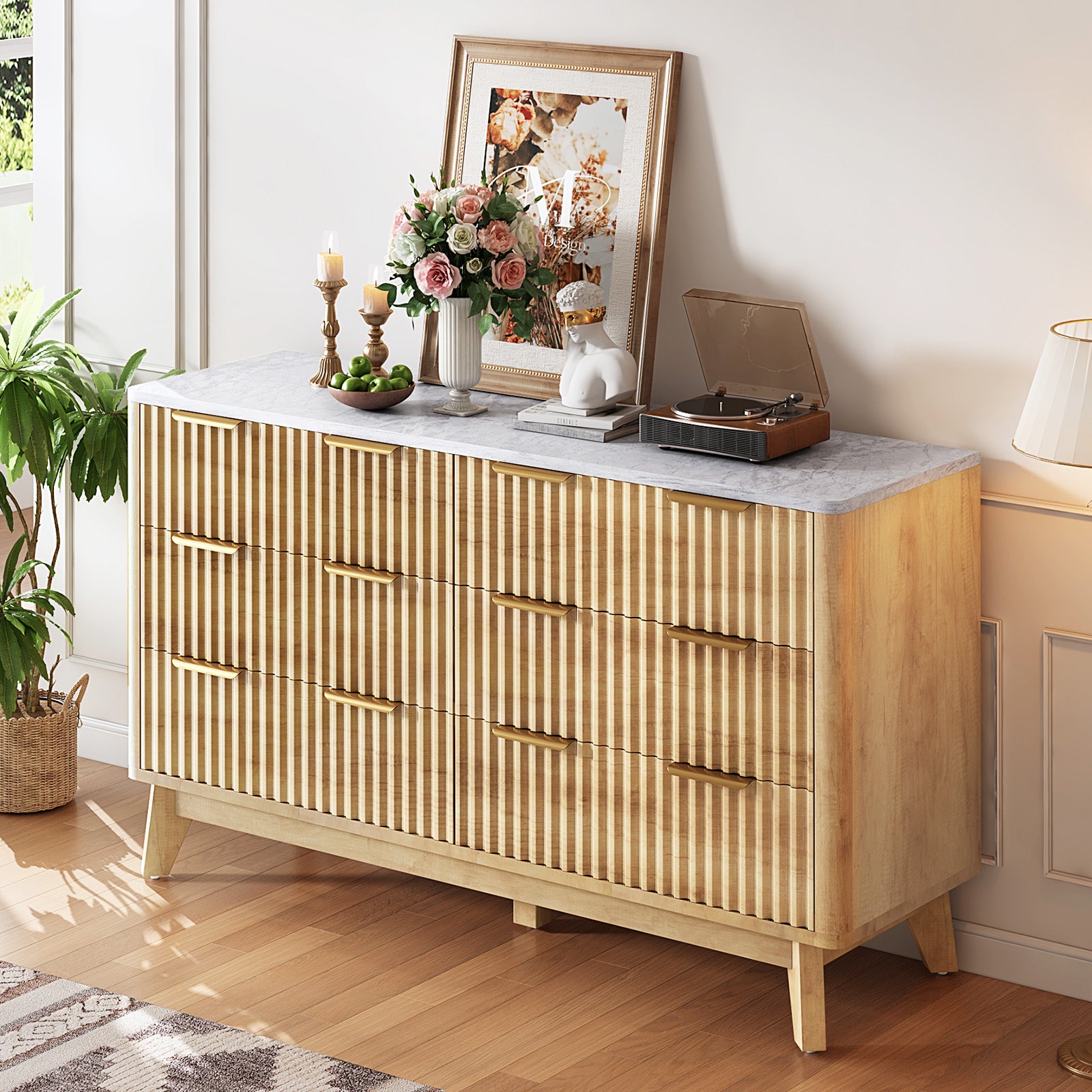 AMERLIFE Cropredy Fluted 6-Drawers Dresser 54" Wide Modern Chest Faux Marble Top Natural Oak AMERLIFE Cropredy Fluted 6-Drawers Dresser 54" Wide Modern Chest Faux Marble Top Natural Oak