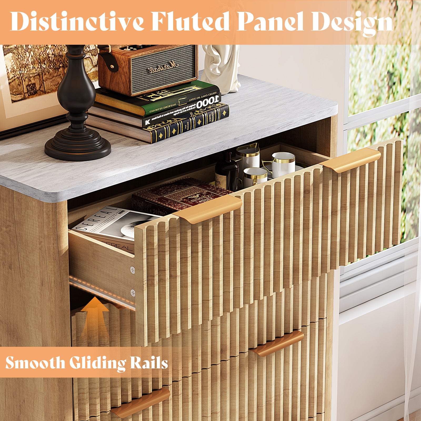 fluted wood dresser Amerlife Cropredy 5-Drawers Fluted Dresser 48" Tall Modern Chest Faux Marble Top ood Dresser Natural Oak
