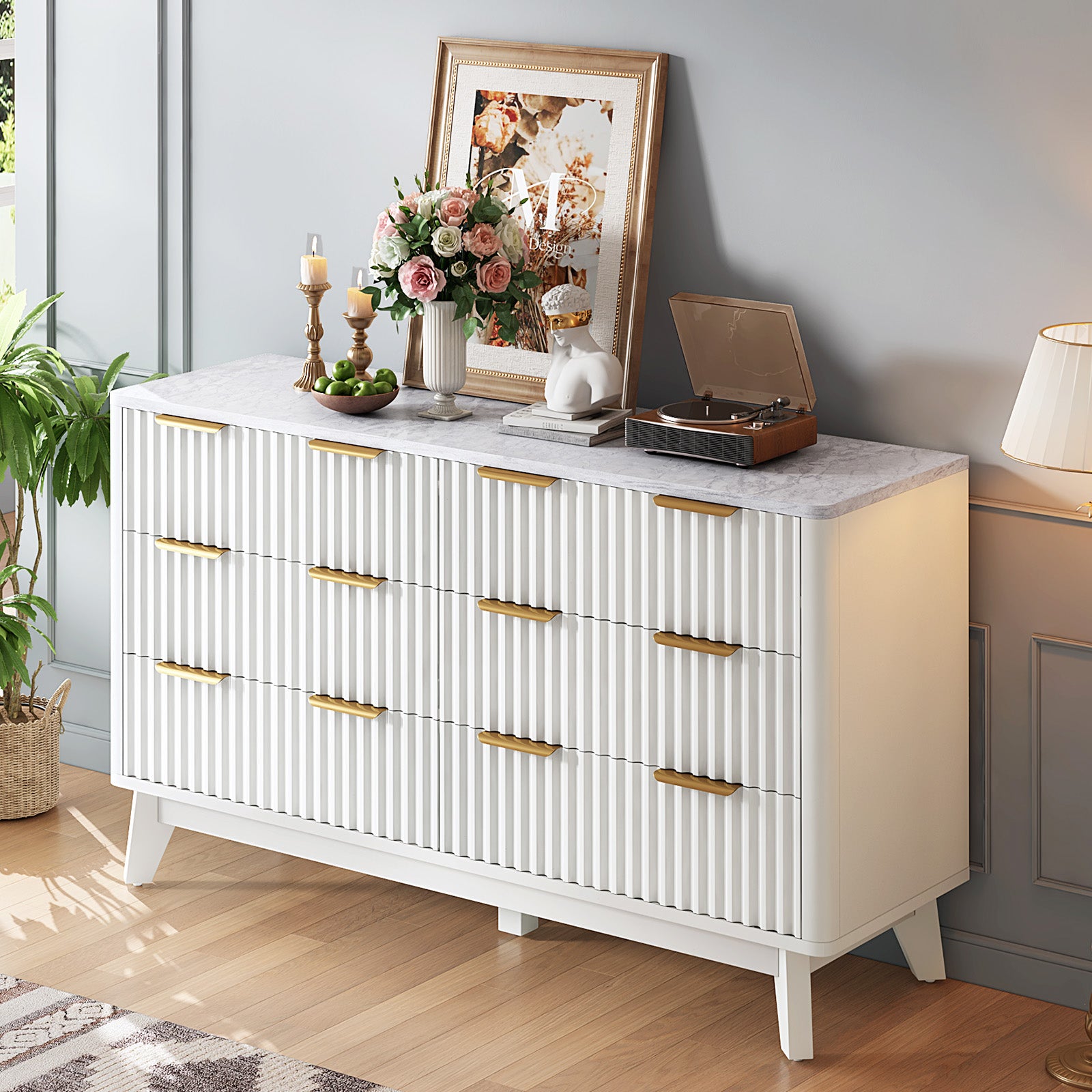 Amerlife Cropredy Fluted 6-Drawers Dresser 54" Wide Modern Chest Faux Marble Top Natural Oak Amerlife Cropredy Fluted 6-Drawers Dresser 54" Wide Modern Chest Faux Marble Top Natural Oak