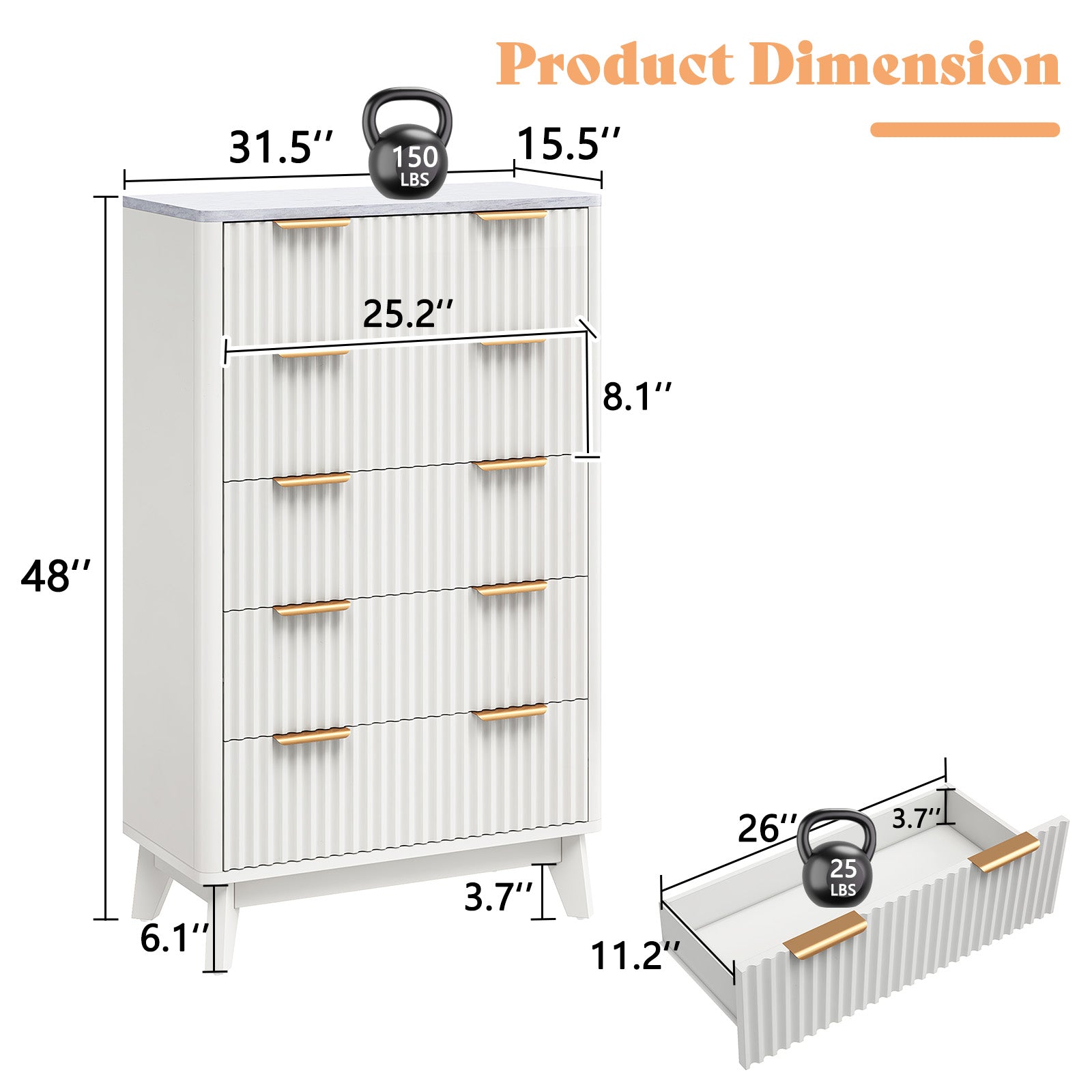 Amerlife Cropredy 5-Drawers Fluted Dresser 48" Tall Modern Chest Faux Marble Top ood Dresser White Amerlife Cropredy 5-Drawers Fluted Dresser 48" Tall Modern Chest Faux Marble Top ood Dresser White