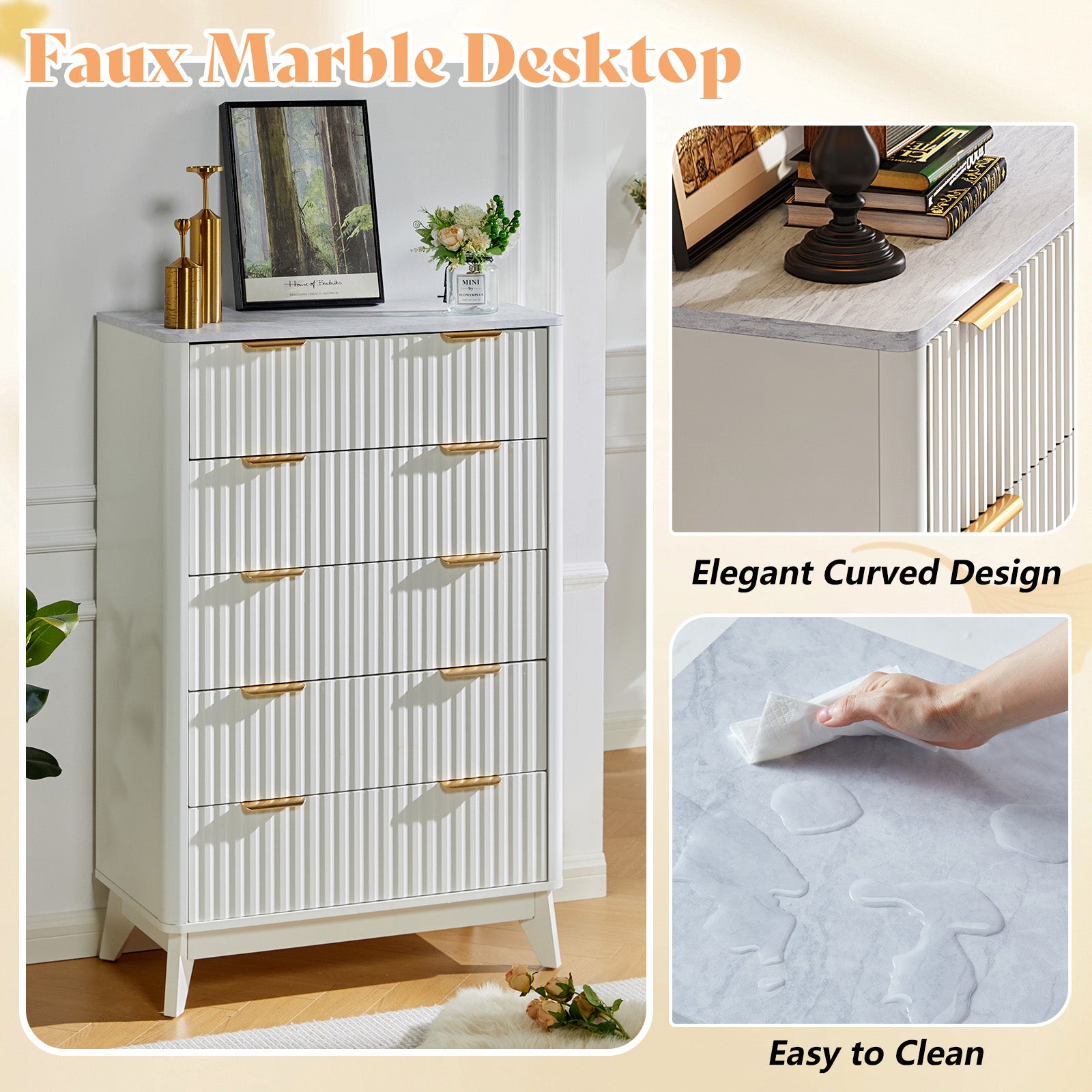Amerlife Cropredy 5-Drawers Fluted Dresser 48" Tall Modern Chest Faux Marble Top ood Dresser White Amerlife Cropredy 5-Drawers Fluted Dresser 48" Tall Modern Chest Faux Marble Top ood Dresser White