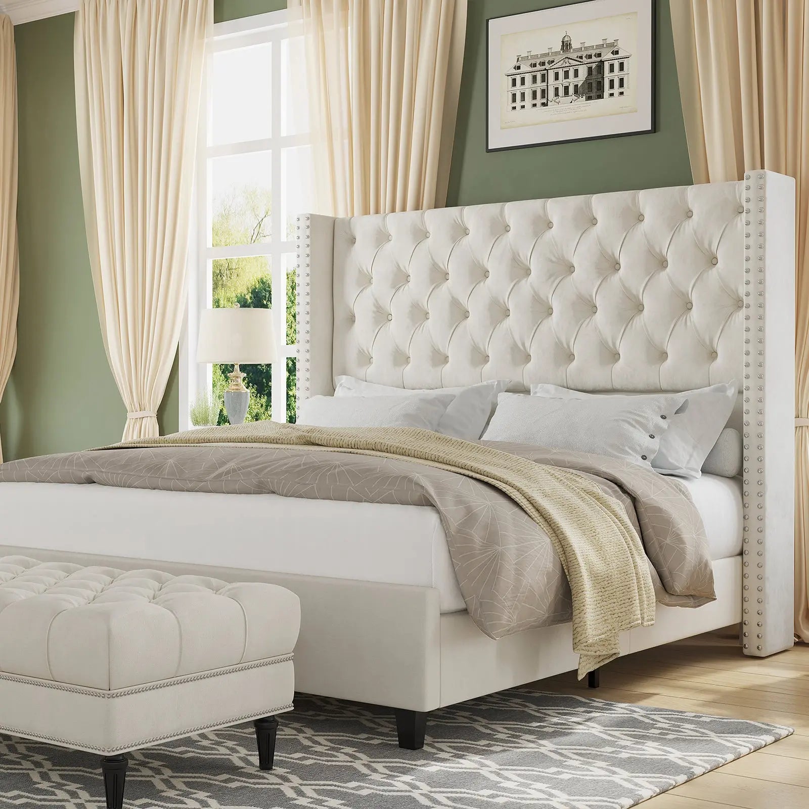 AMERLIFE Fairfax Queen Size Bed Frame Velvet Upholstered Platform Bed with 51.6 Tall Wingback Headboard Deep Button Tufted Queen Black