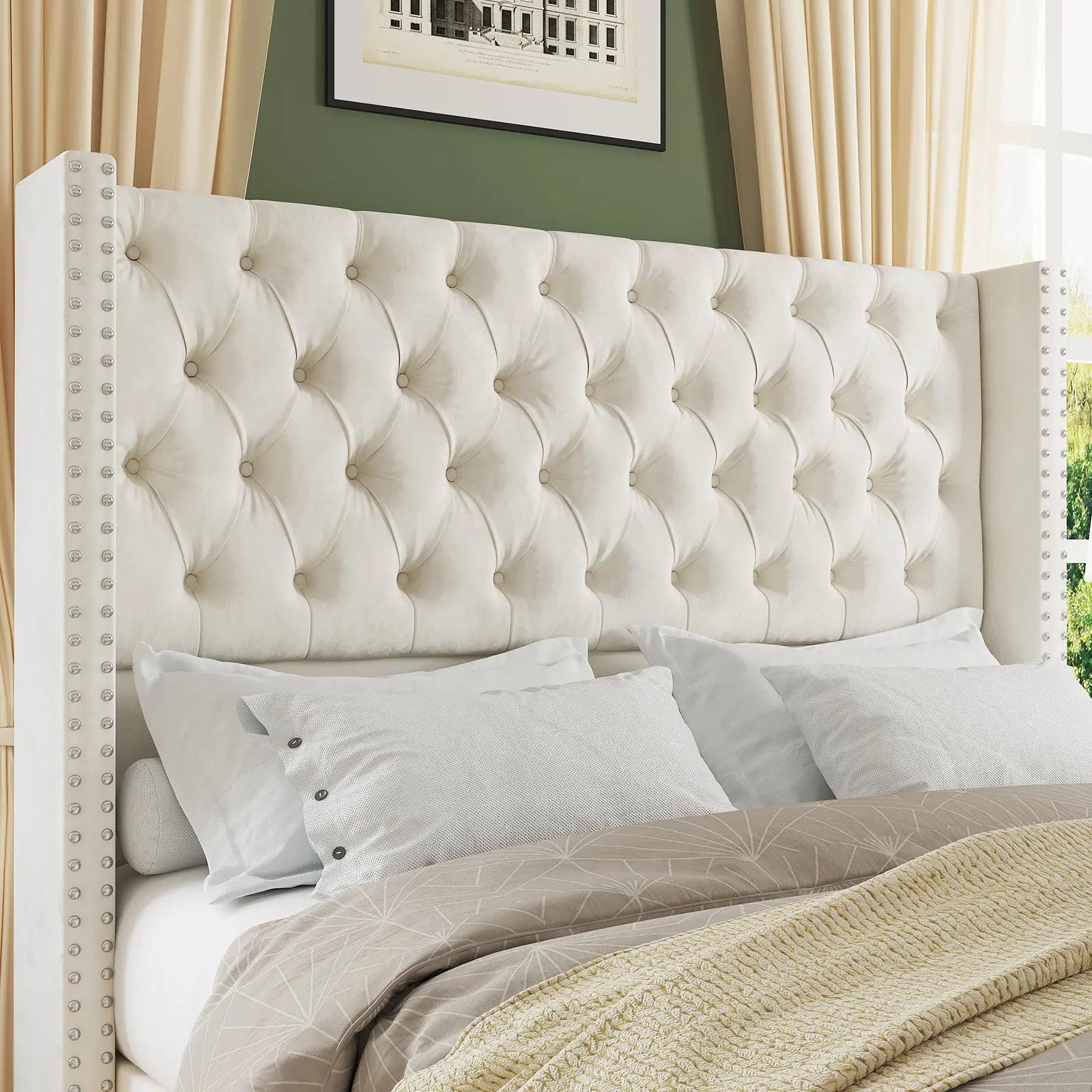 AMERLIFE Fairfax Queen Size Bed Frame Velvet Upholstered Platform Bed with 51.6 Tall Wingback Headboard Deep Button Tufted Queen Black