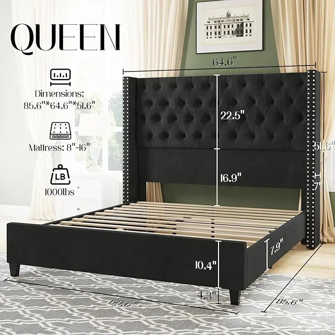 AMERLIFE Fairfax Queen Size Bed Frame Velvet Upholstered Platform Bed with 51.6 Tall Wingback Headboard Deep Button Tufted Queen Black