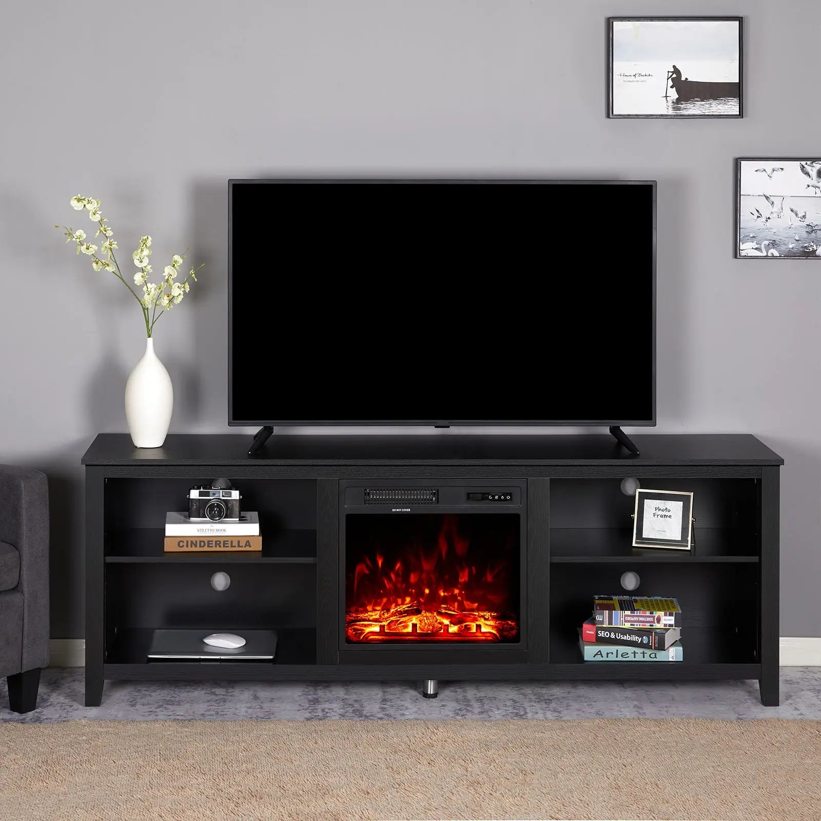 Fireplace TV Stand 70 Farmhouse Entertainment Media TV Console Black