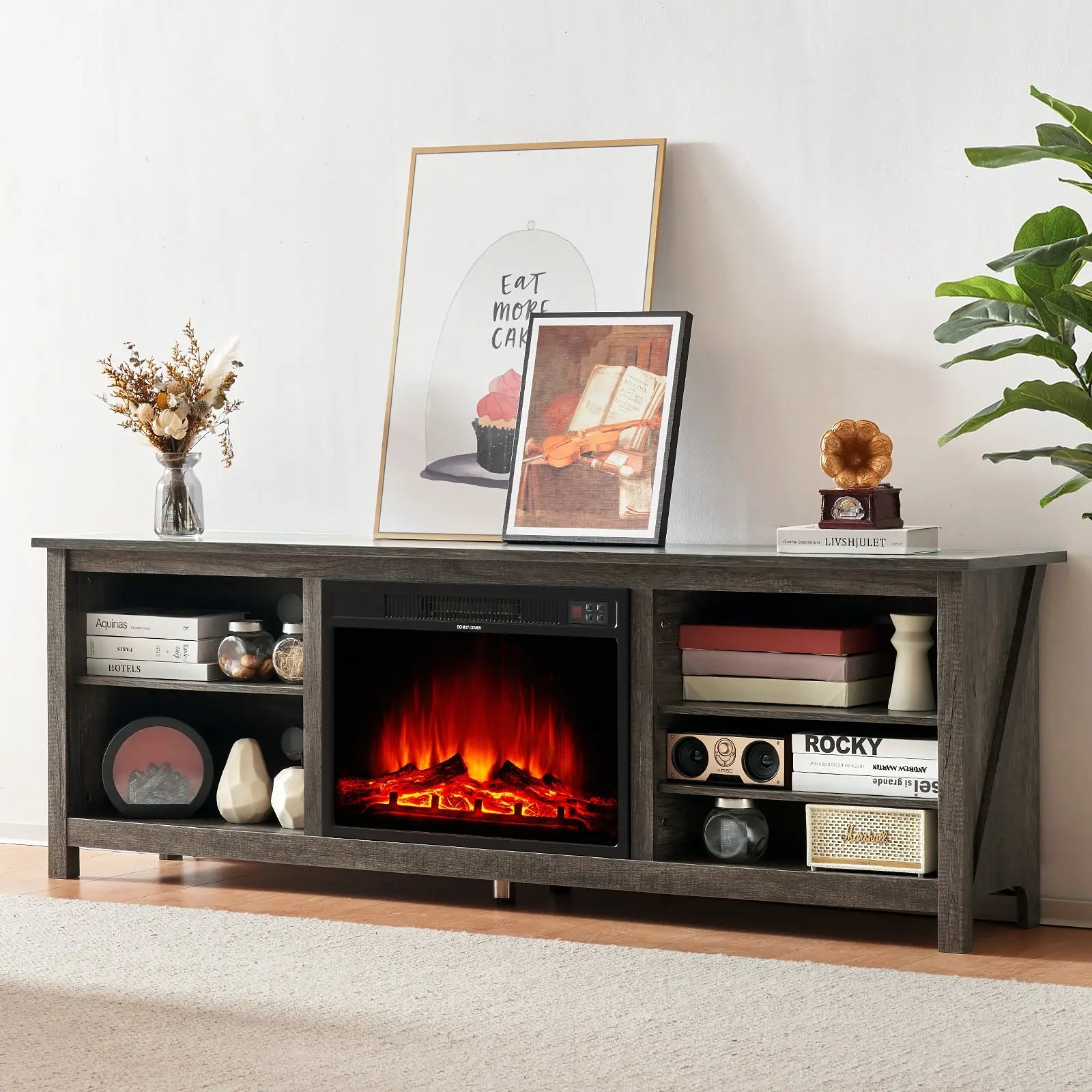 AMERLIFE Fireplace TV Stand Wood Texture Entertainment Center with 23 Electric Fireplace Farmhouse Entertainment Stand Media TV Console for TVS