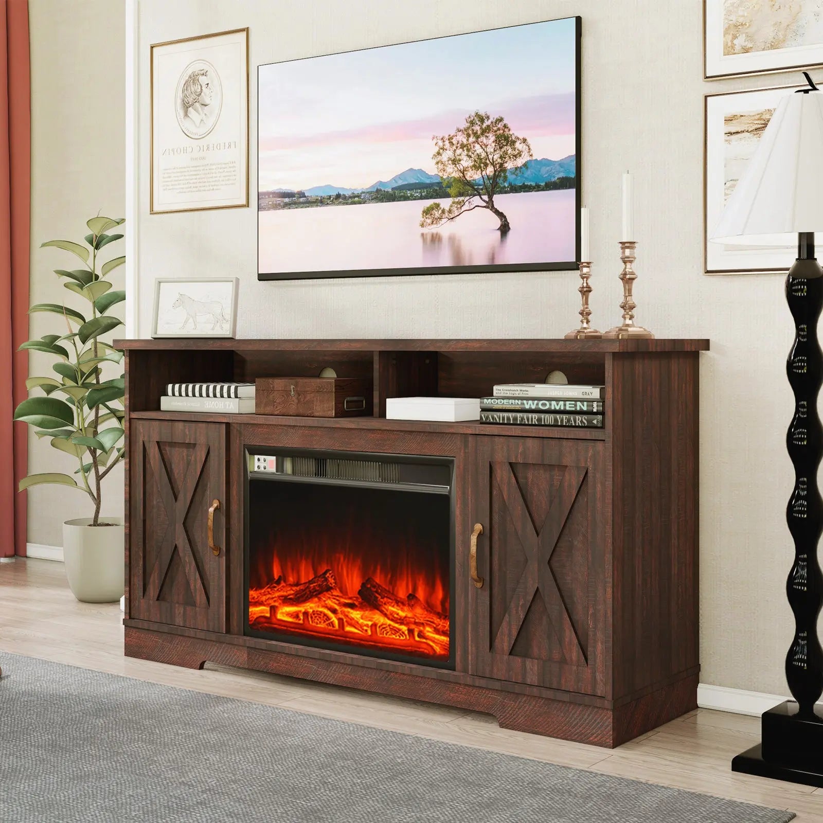 AMERLIFE Whicket 63 Fireplace TV Stand Farmhouse Barn Door Reclaimed Barnwood
