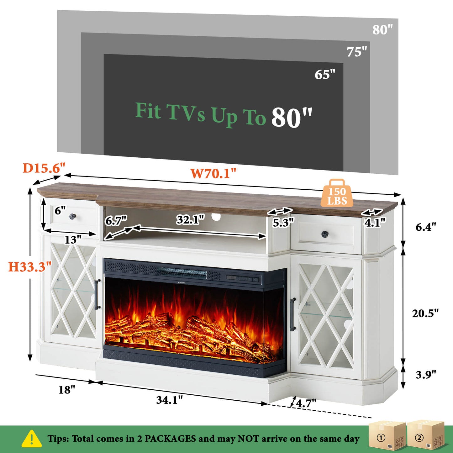 Weston 70" Bevel Fireplace TV Stand - Antique White