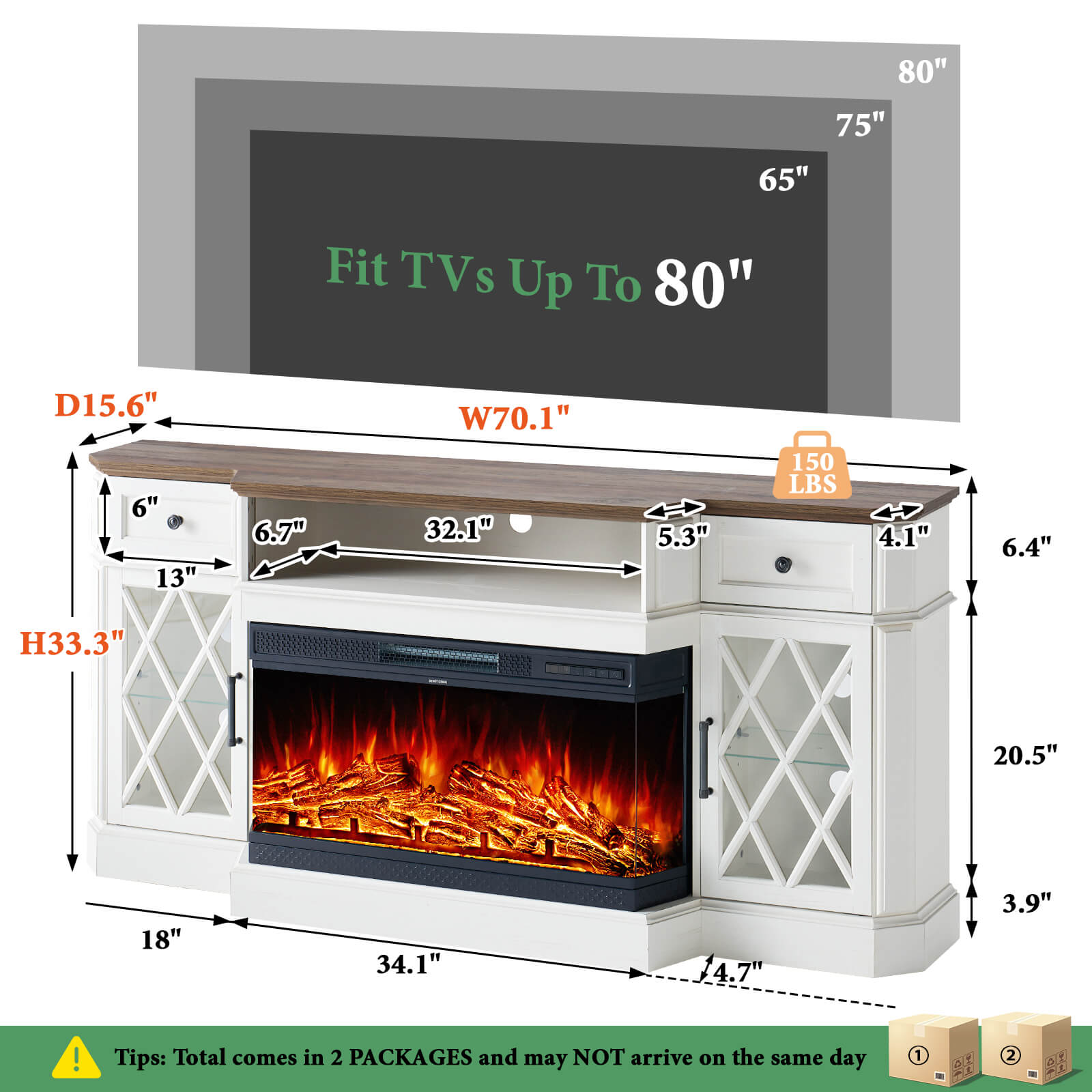 Weston 70" Bevel Fireplace TV Stand - Antique White