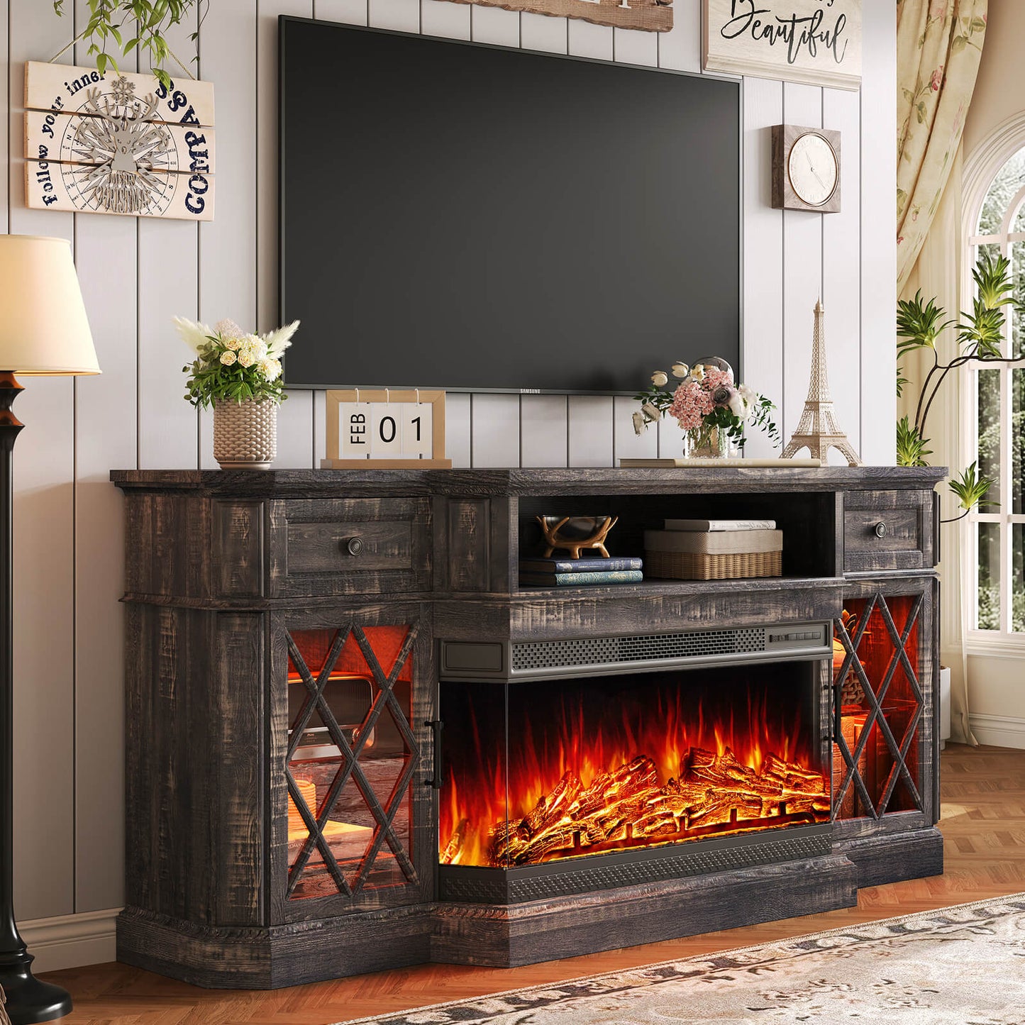 Weston 70" Bevel Fireplace TV Stand - Black Oak