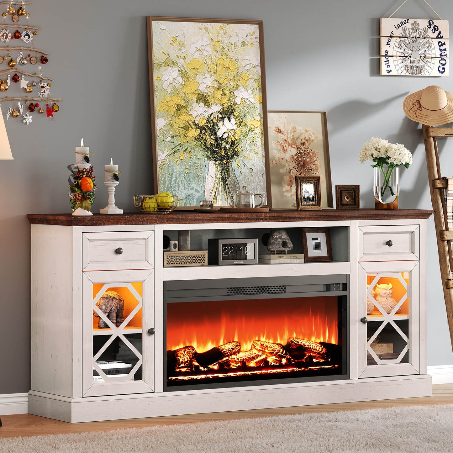 Liviana 70" Fireplace TV Stand - Espresso & White