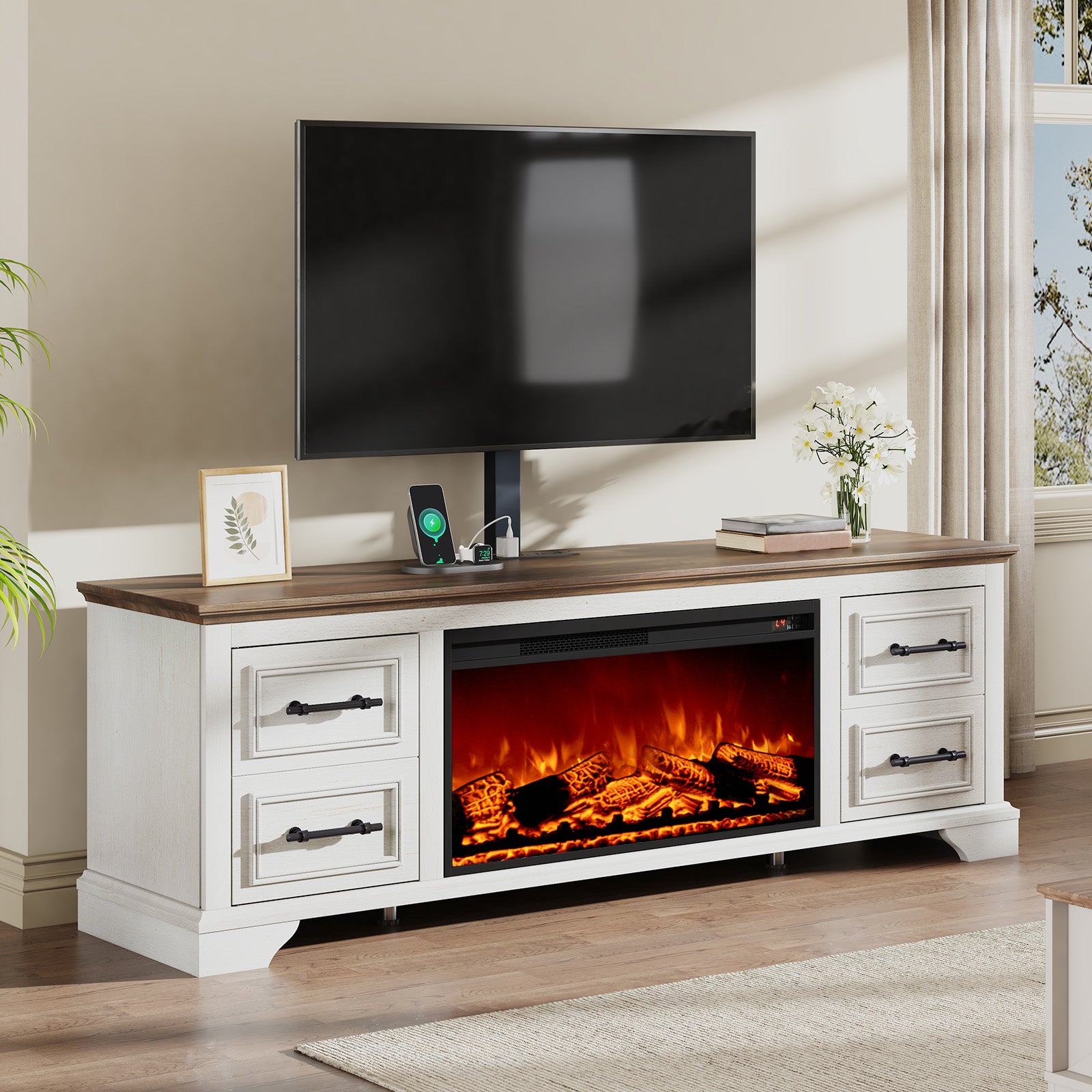 70" Adjustable Fireplace TV Stand - White