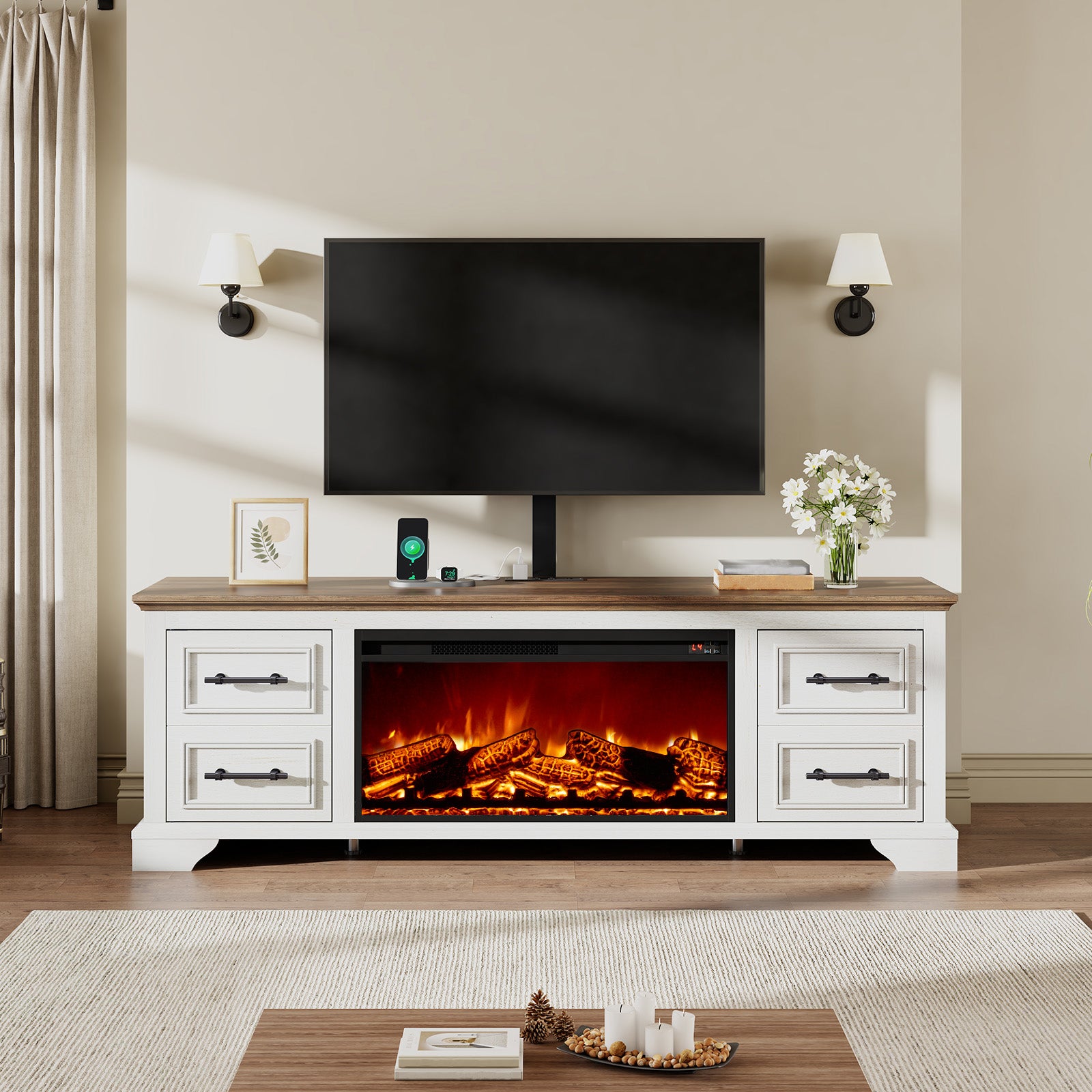 70" Adjustable Fireplace TV Stand - White