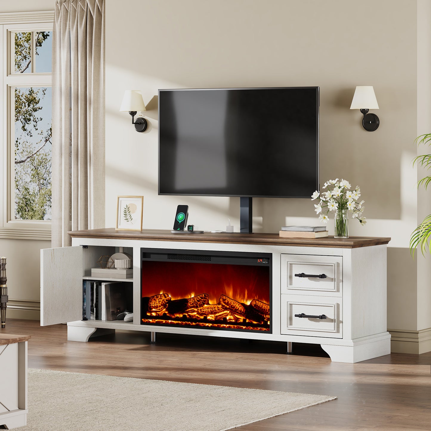 70" Adjustable Fireplace TV Stand - White
