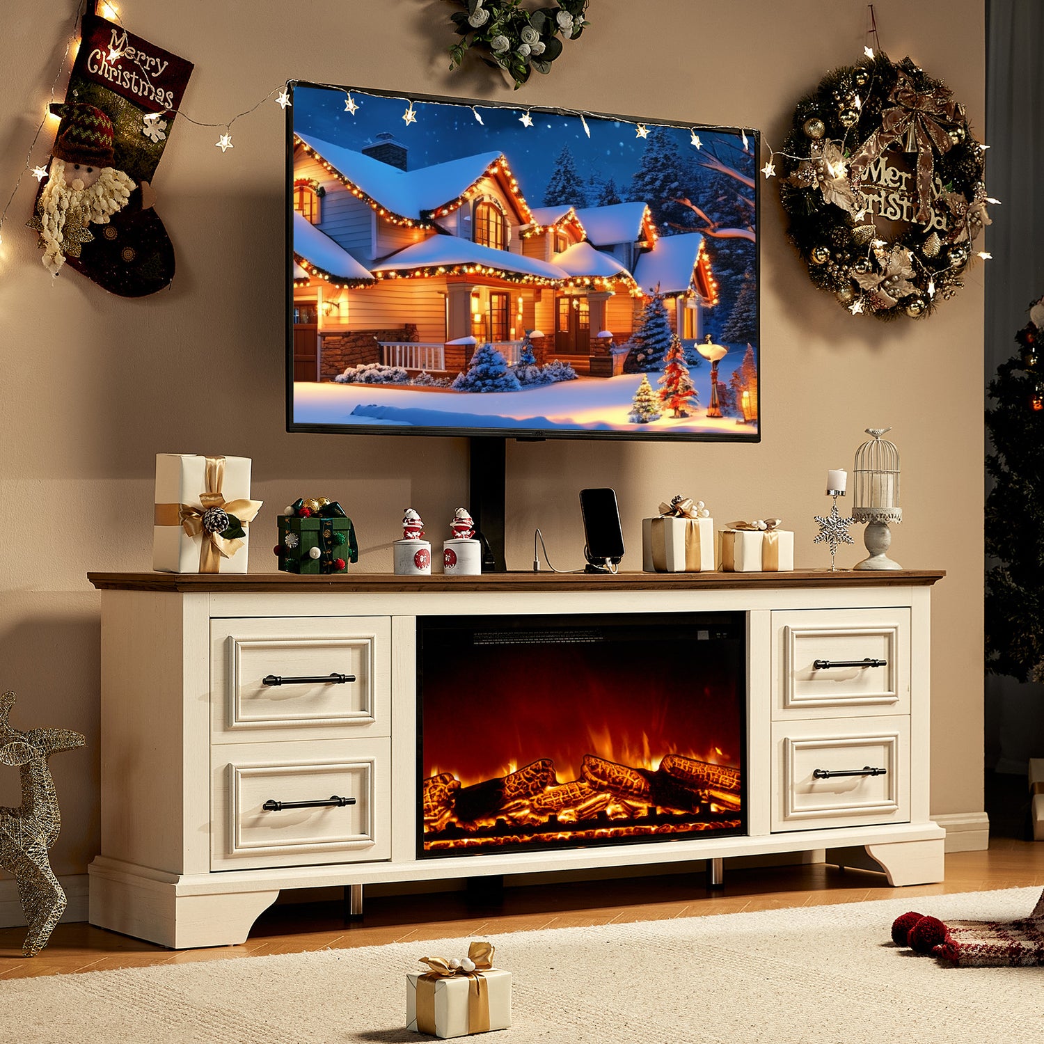 70" Adjustable Fireplace TV Stand - White