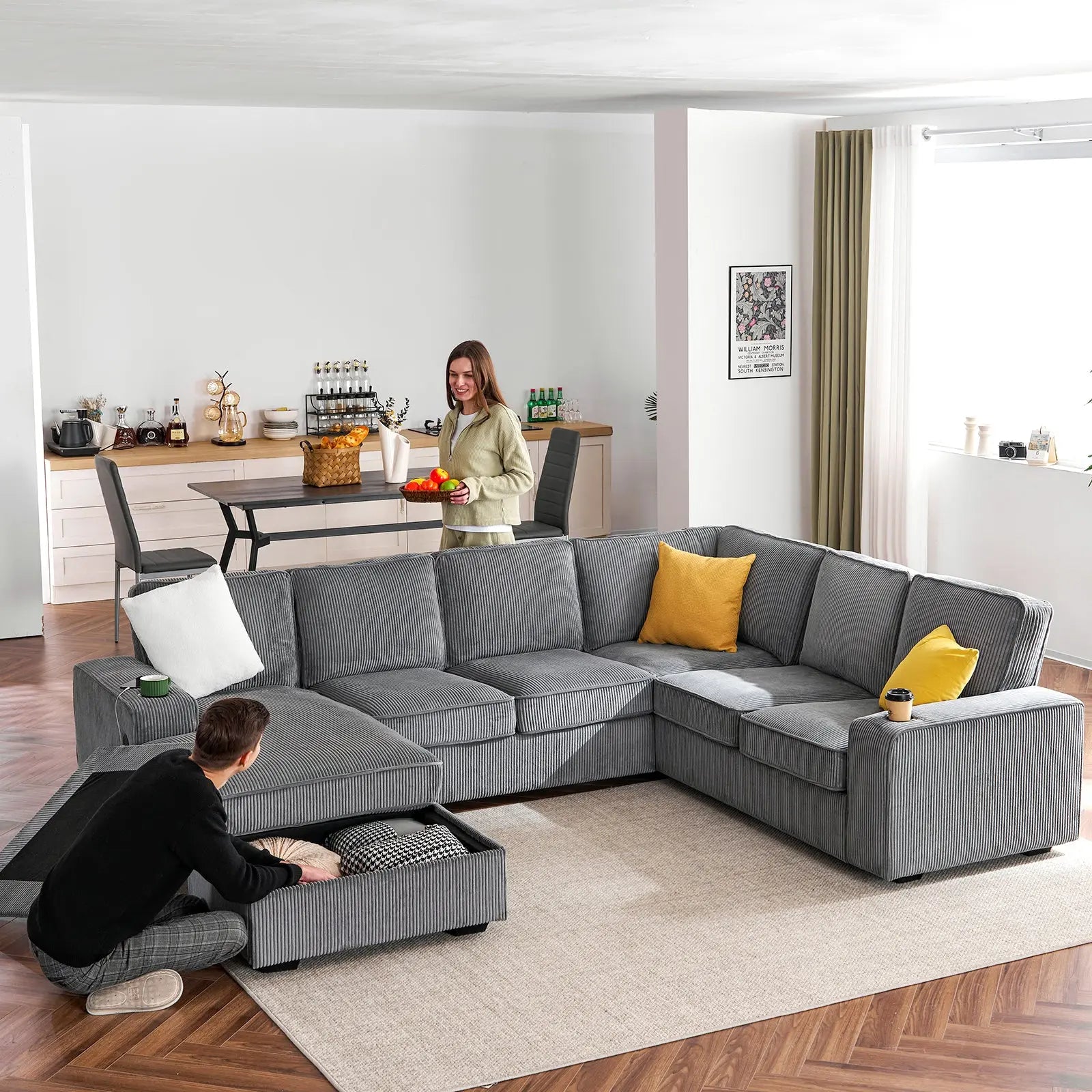 AMERLIFE Gable Sofa 112 inch U Shaped Oversized Corduroy Sectional Sofa with Storage Chaise USB Ports Corduroy Gray
