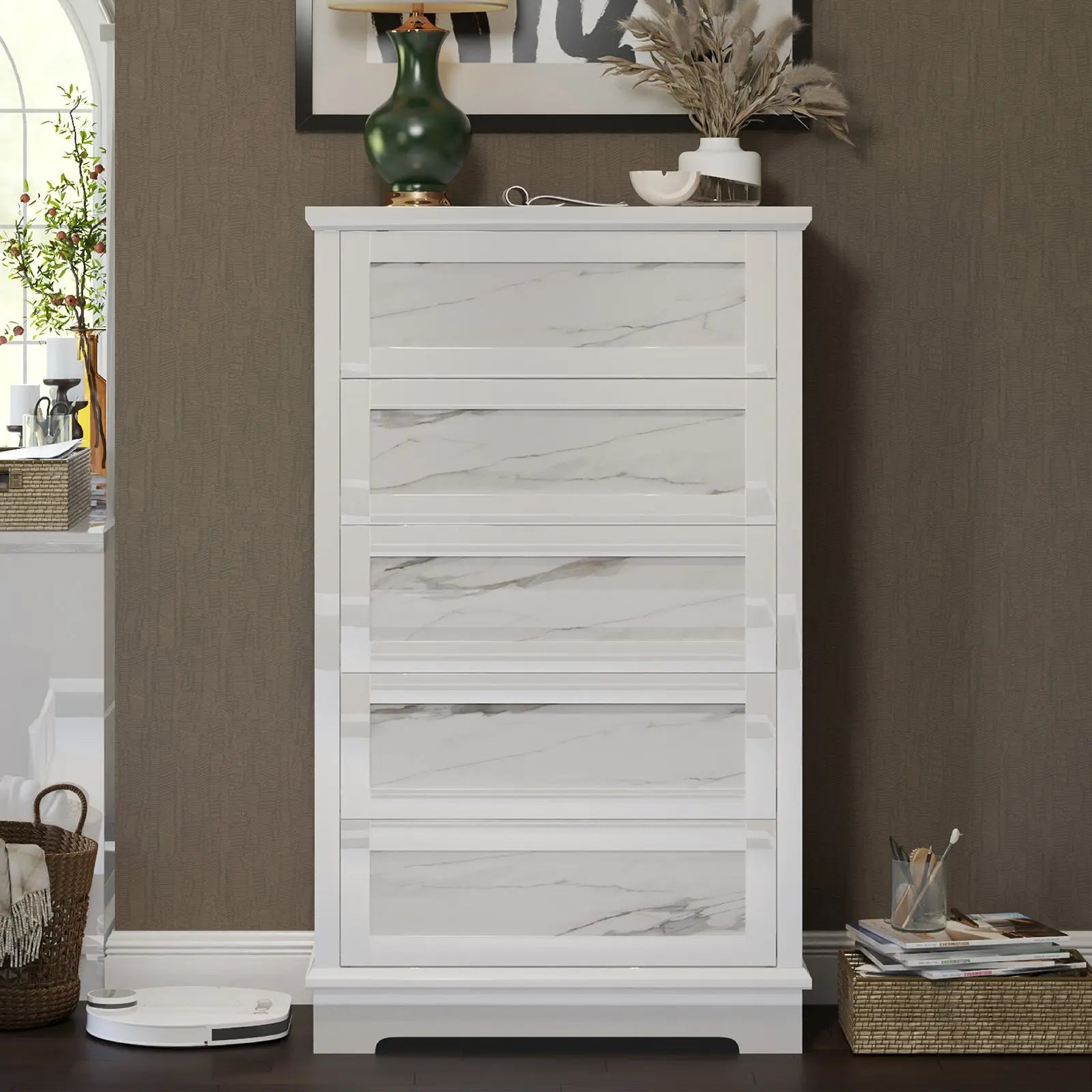 Natural Marble 5 Drawer Dresser, 49" Height Closet Dresser with High Gloss, Modern Dresser with Push Latch for Bedroom, Living Room, White Amerlife Galala Natural Marble 5 Drawer Dresser, 49" Height Closet Dresser with High Gloss, Modern Dresser with Push Latch for Bedroom, Living Room, White Amerlife Galala