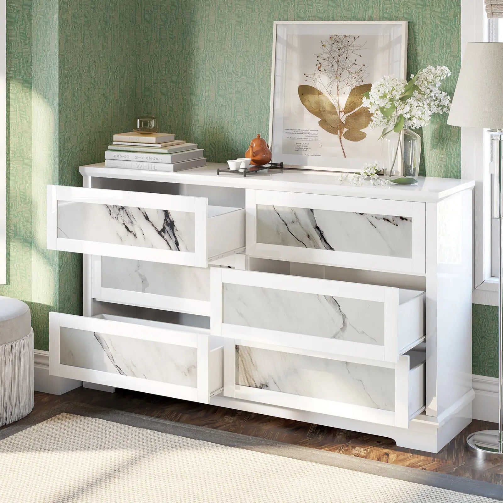Amerlife Galala Natural Marble 6 Drawers Dresser, 54" High-Gloss Chest of Drawer for Bedroom, Modern Cabinet with Storage, Closet Drawers for Living Room, Hallway, White Amerlife Galala Natural Marble 6 Drawers Dresser, 54" High-Gloss Chest of Drawer for Bedroom, Modern Cabinet with Storage, Closet Drawers for Living Room, Hallway, White