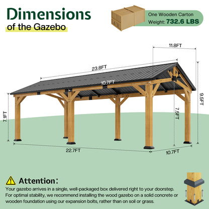 Cedar Wood Gazebo with Sloped Roof Amerlife 12X24X9.5 FT 