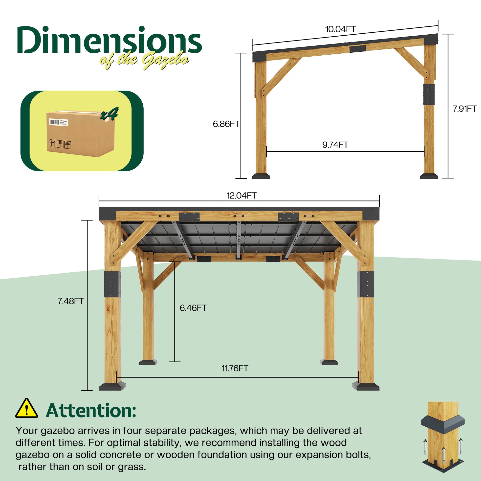 Cedar Wood Gazebo with Sloped Roof Amerlife 10x12x8 FT 