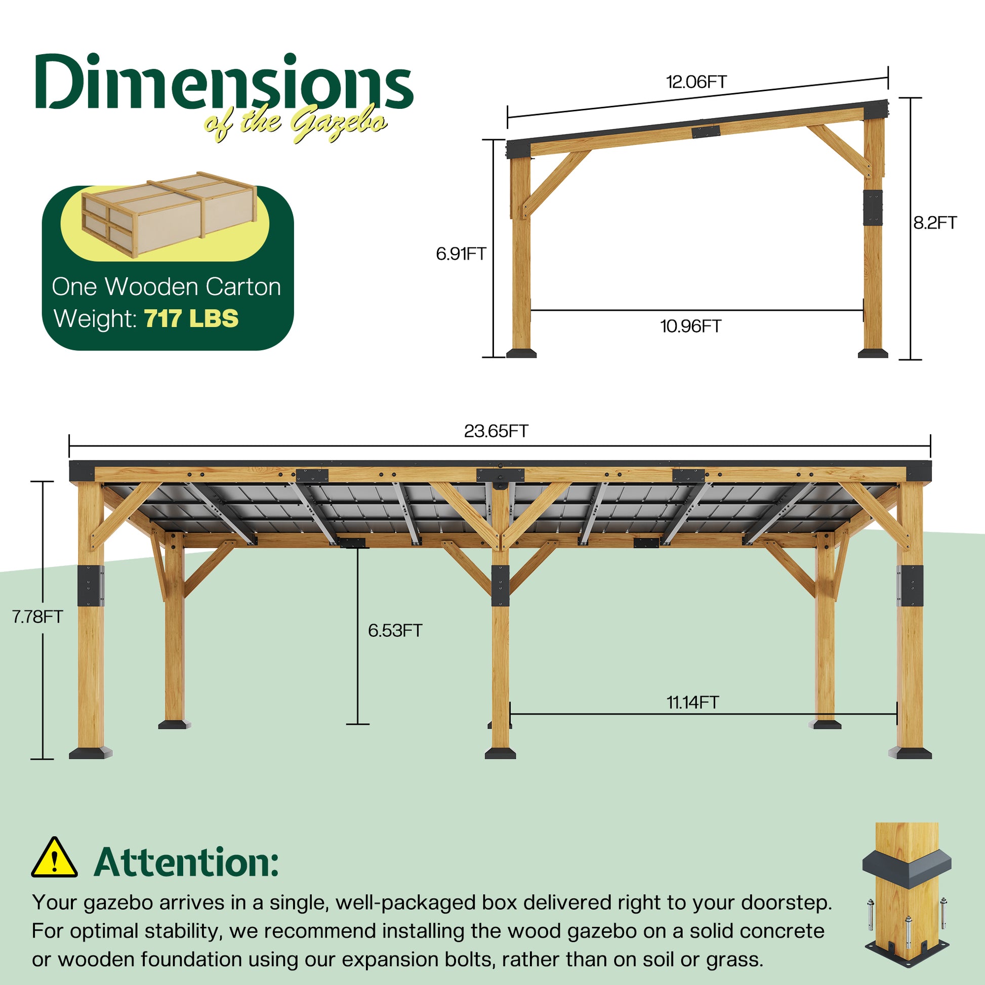 Cedar Wood Gazebo with Sloped Roof Amerlife 12x24x8.2 FT 