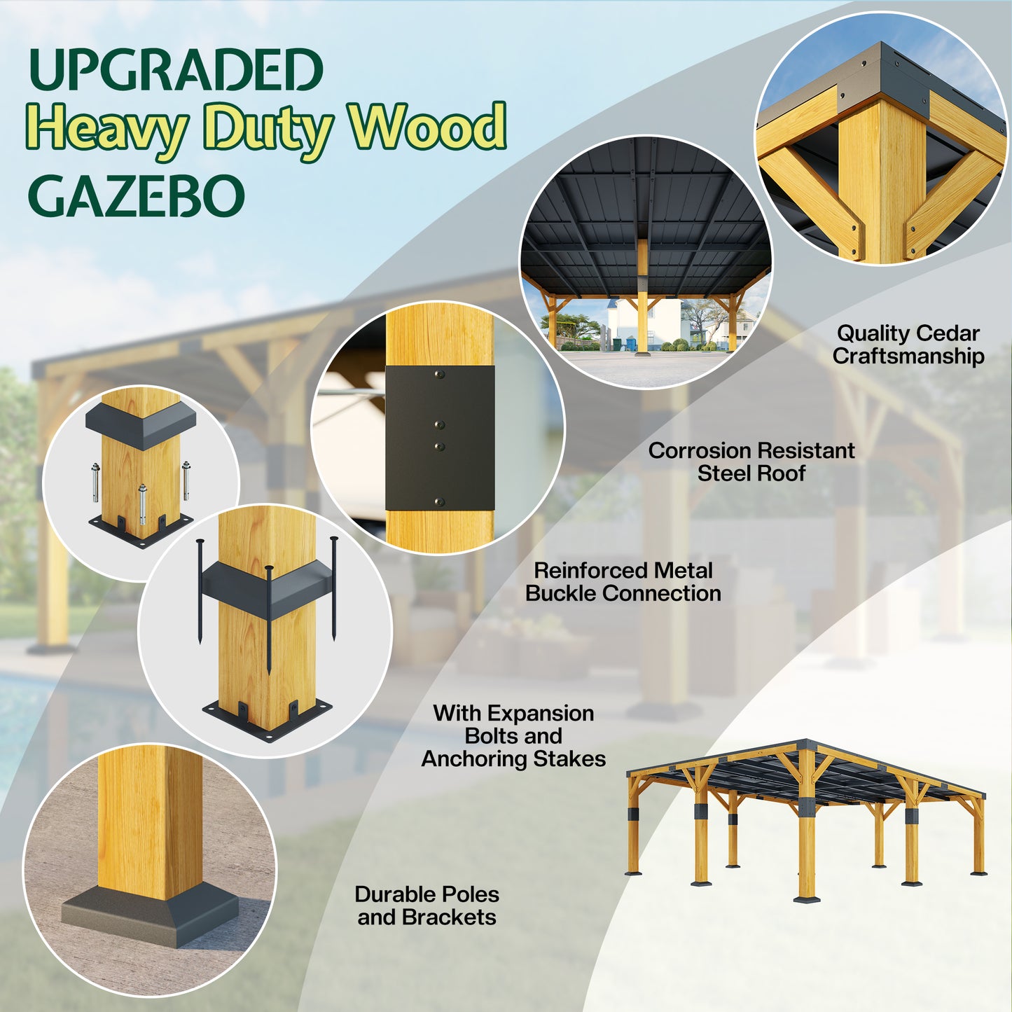 Cedar Wood Gazebo with Sloped Roof Amerlife 20x20x9.2 FT 