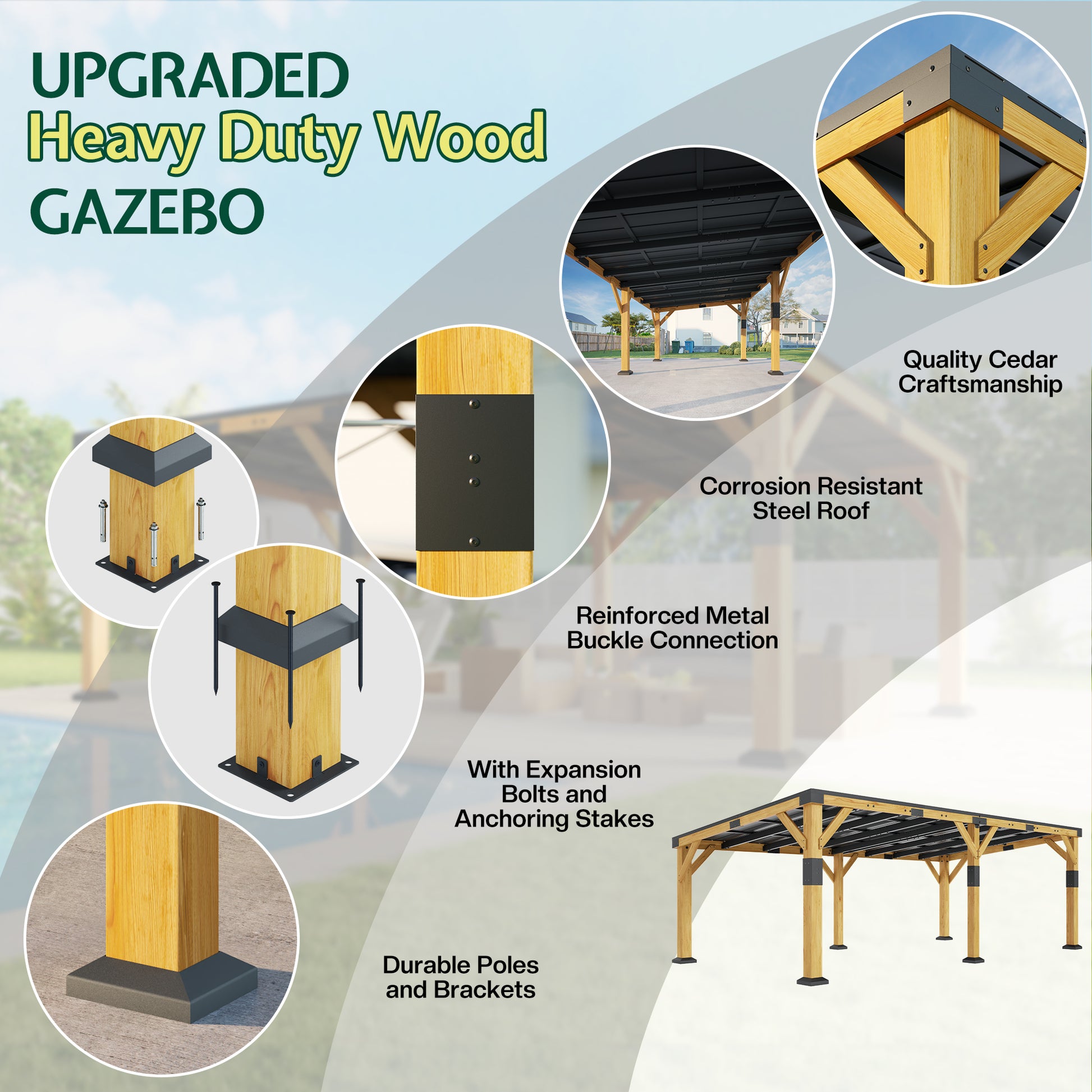 Cedar Wood Gazebo with Sloped Roof Amerlife 12x24x8.2 FT 