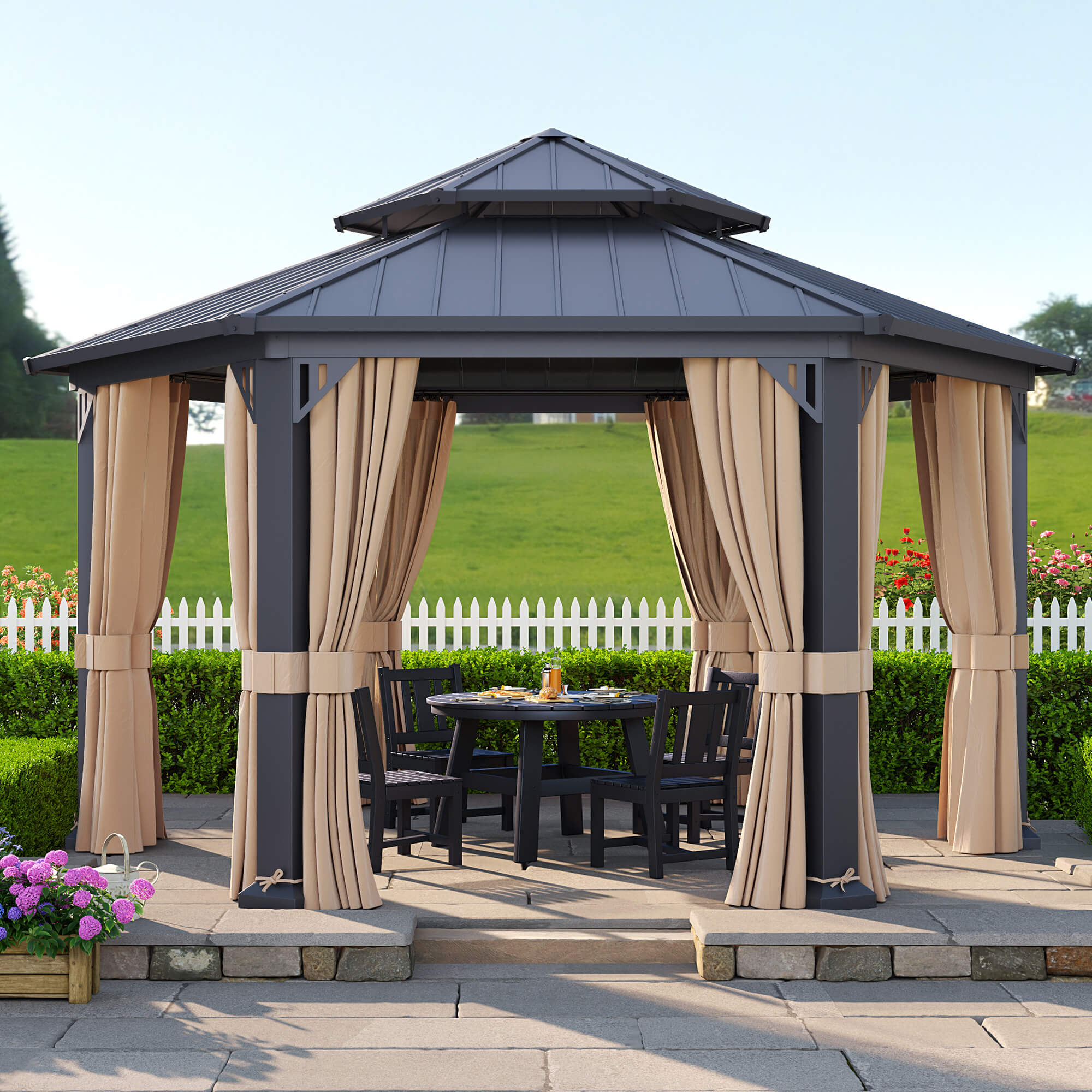 Amerlife Ironwill Hexagon Metal Gazebo Double Tiered Patio