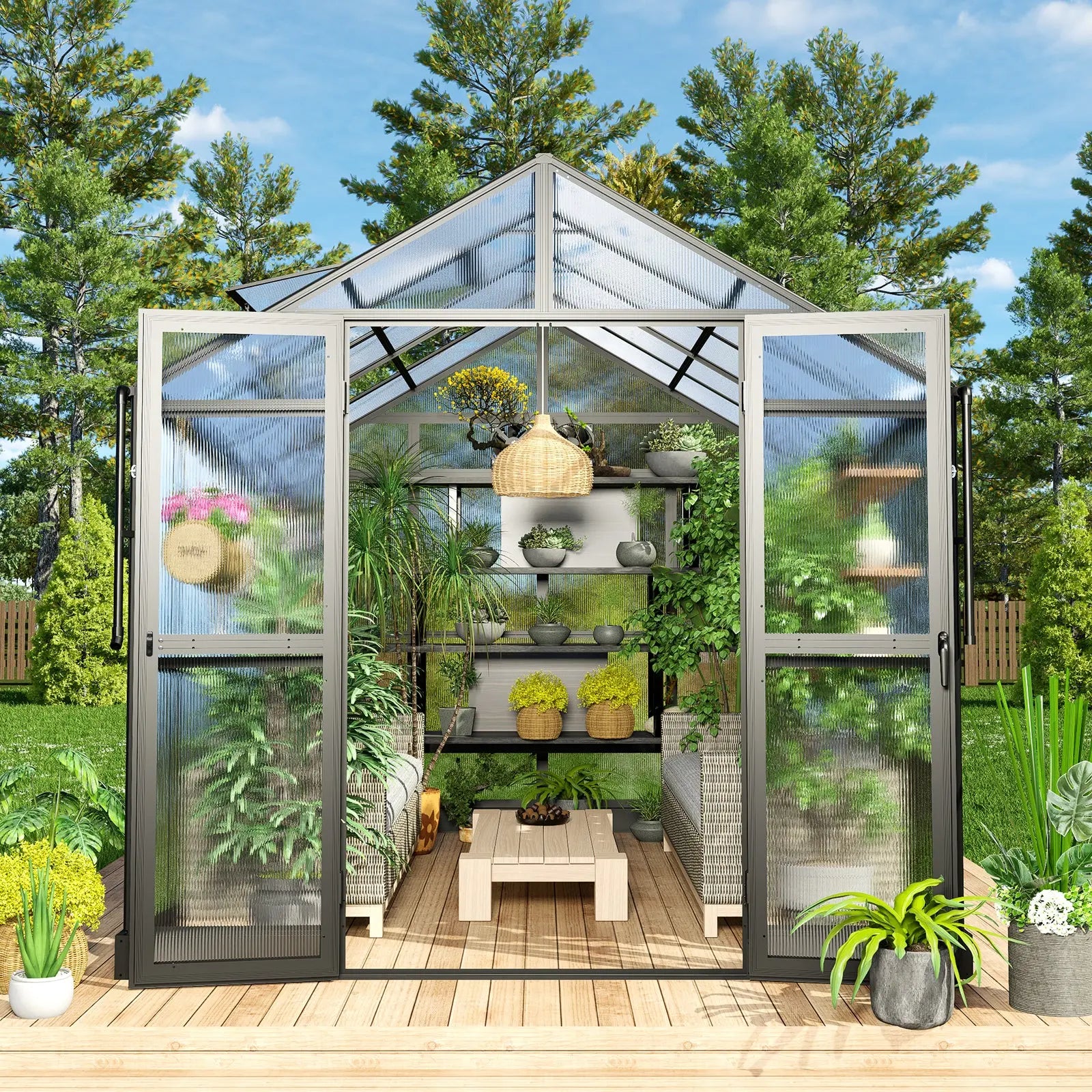 small glass plant house Amerlife Hortus Greenhouse Double Swing Doors 5.2FT Height Walk-in Polycarbonate Greenhouse Sunroom 8*7.4*16Ft / Black