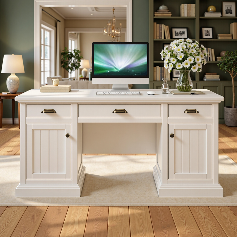 Rib Fluted Executive Office Desk White