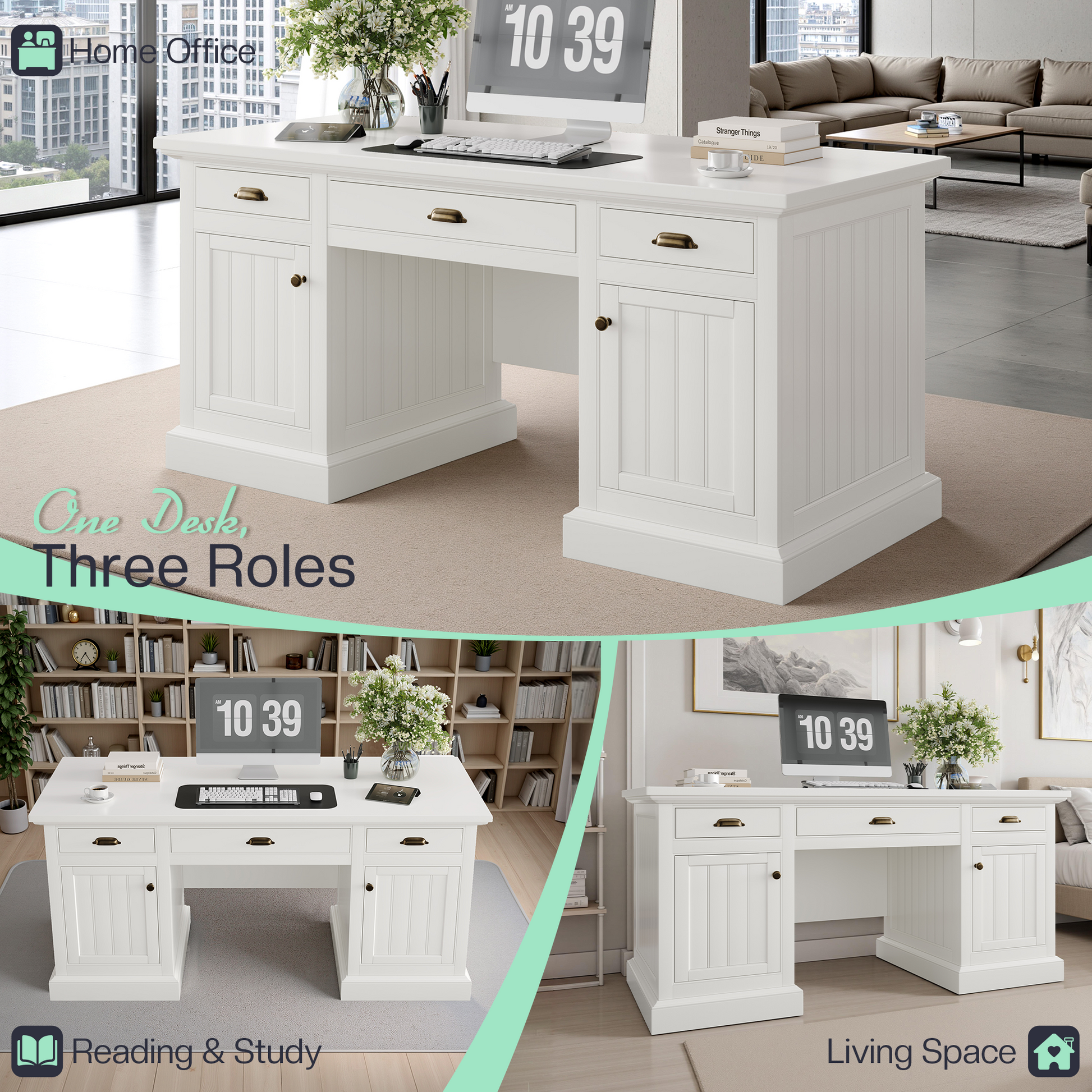 Rib Fluted Executive Office Desk White