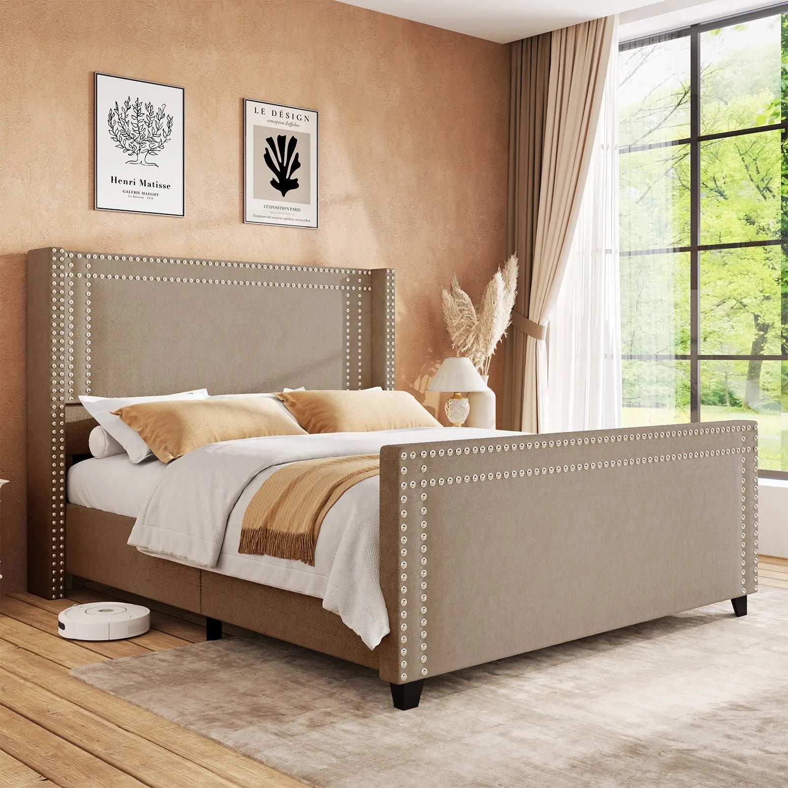 Chenille Upholstered Platform Bed Frame, Wingback Headboard Queen