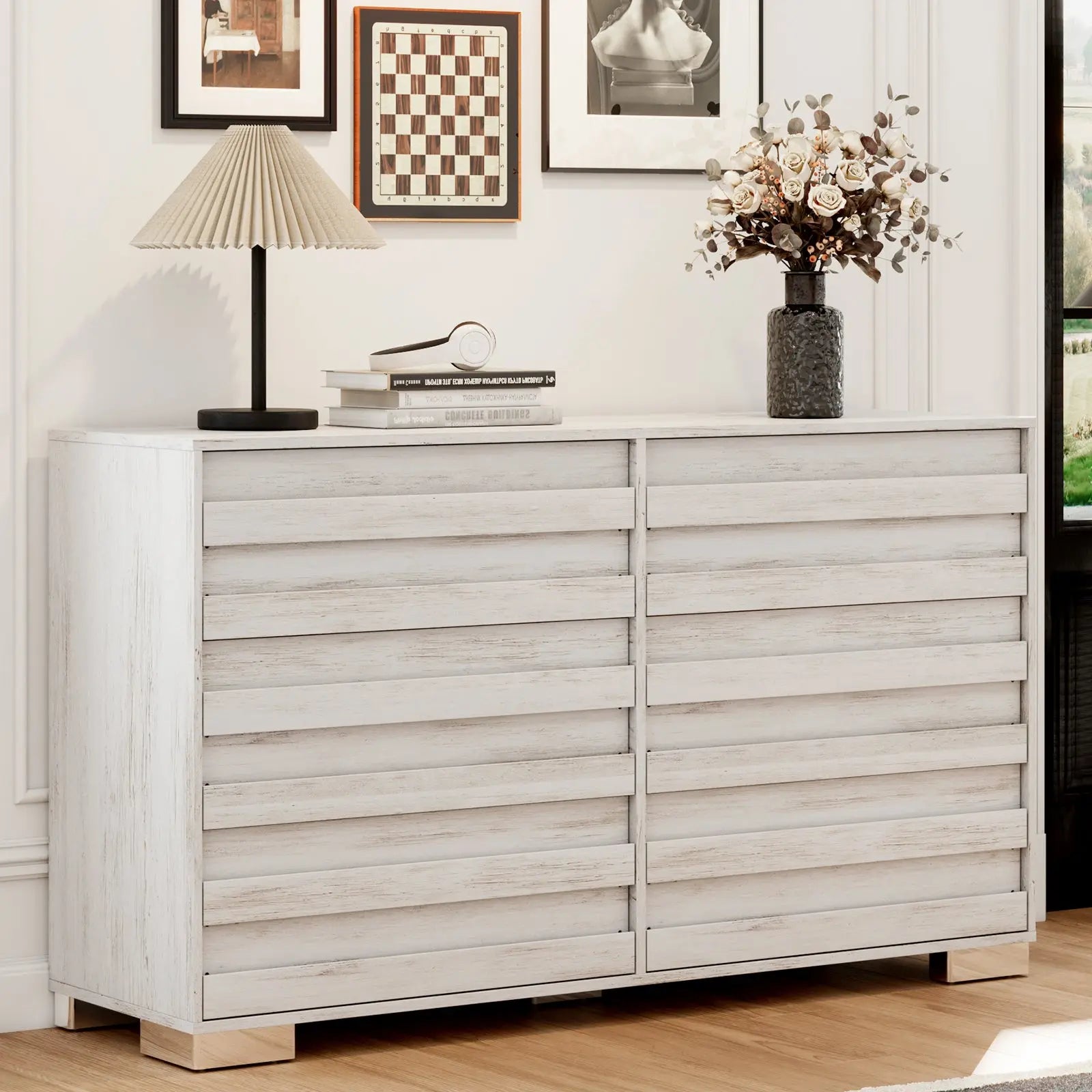 dresser with sliding drawers T4TREAM 60" Fluted Doors and 4 Drawers, Modern Chest w/Faux Marble Top, Curved Profile Design, Dresser TV Stand, Wood Drawer Organizer for Bedroom, Living Room, Natural Oak Odorless Construction Constructed from premium E1 IFD:: 6 Drawer Dresser with