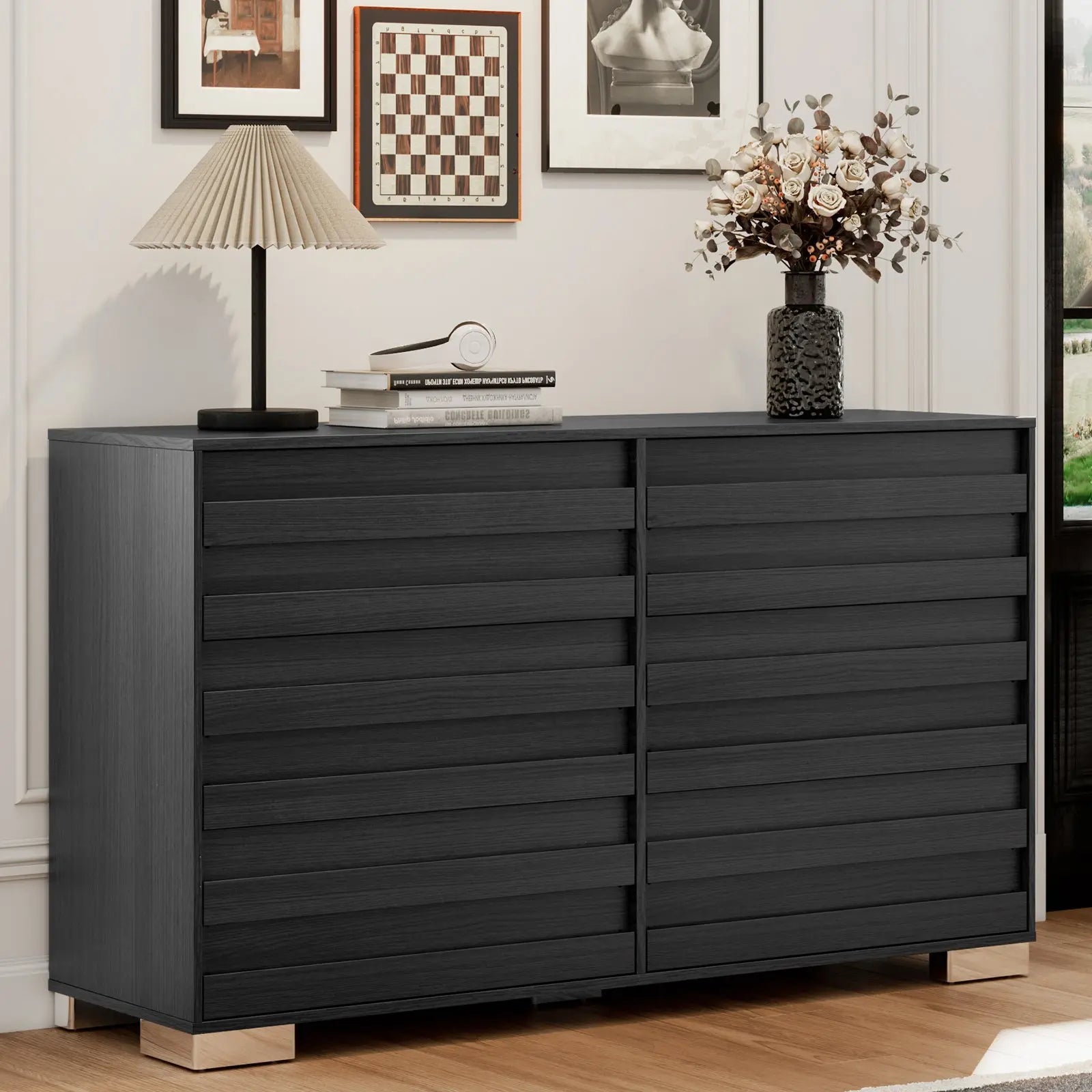 AMERLIFE Huckleberry 6-Drawers Dresser Farmhouse Pre Installed Slide Bedroom Storage Cabinet Black