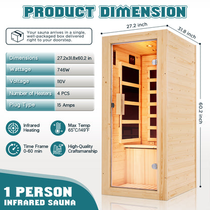 Low EMF Infrared Saunas for Home Amerlife 1-Person 27.2*31.8*60.2 Inch 