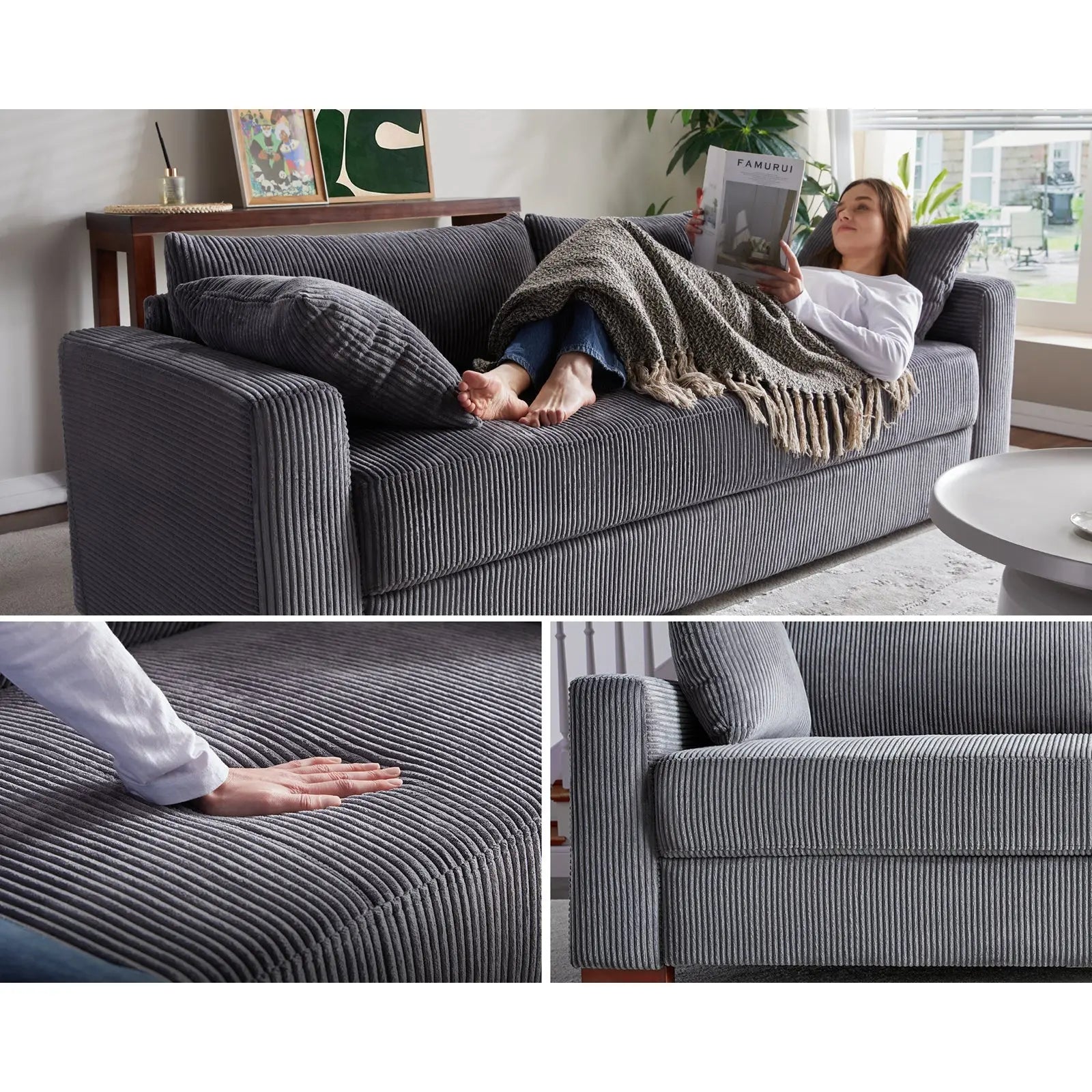 AMERLIFE Juno Sofa Modern 3 Seater Corduroy Upholstered Comfy Couch Corduroy Grey