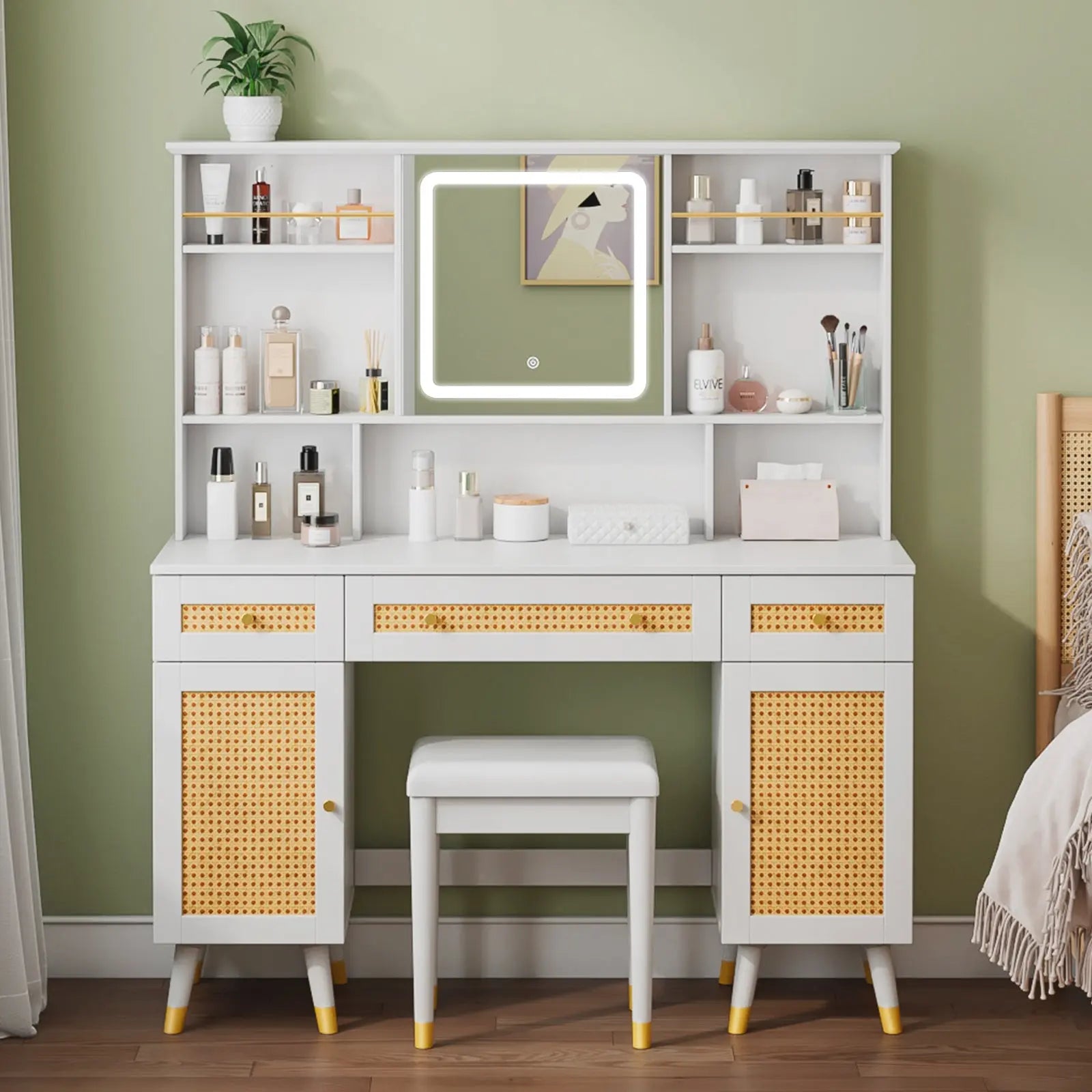 AMERLIFE Kelly 47 Makeup Bedroom Vanity Rattan Design LED Light Mirror Large Storage Vanity Table