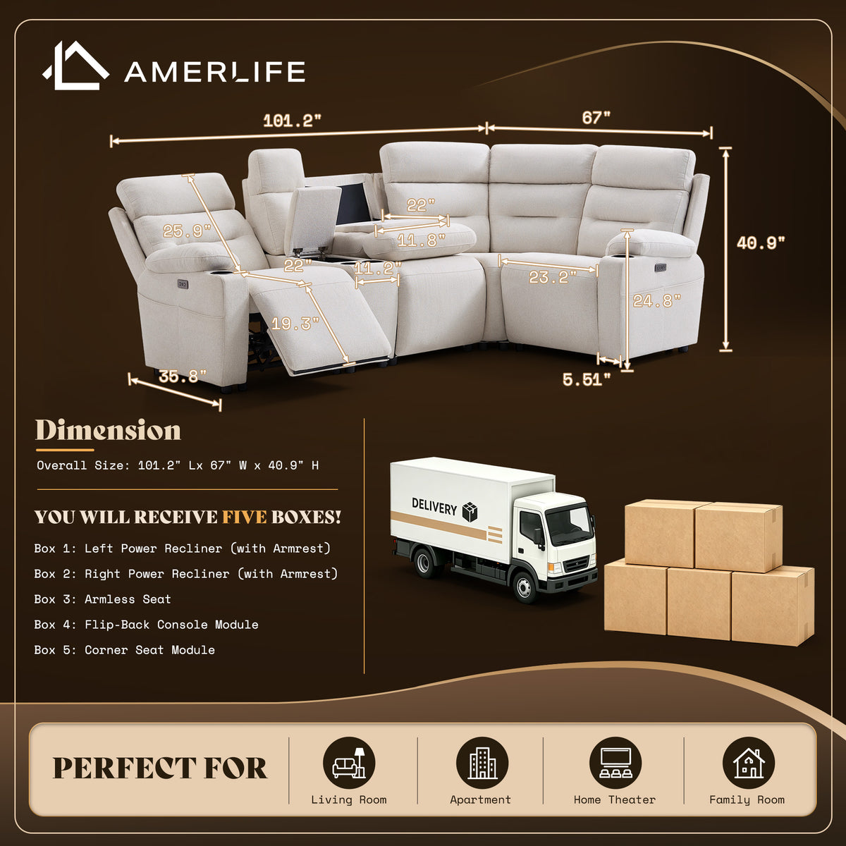 L-Shaped Power Reclining Sectional Sofa with Console-4-Seat L-Shaped with Flip Console-Beige