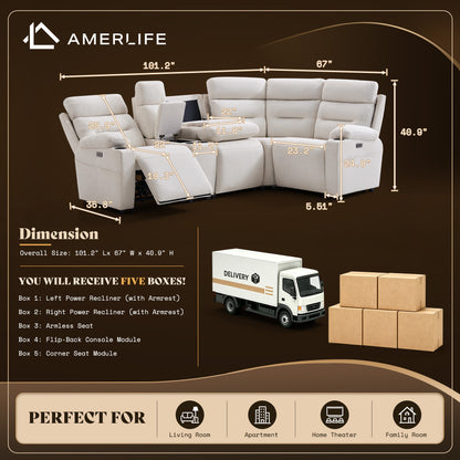 L-Shaped Power Reclining Sectional Sofa with Console-4-Seat L-Shaped with Flip Console-Beige
